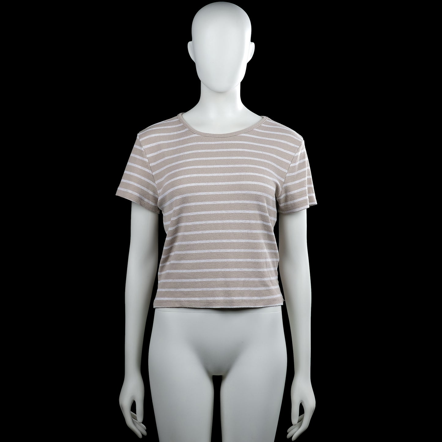157 - T-shirt - Beige & White - Size XL - Beige and white horizontally striped top with a round neck and short sleeves. Straight hem with plain sleeve cuffs.