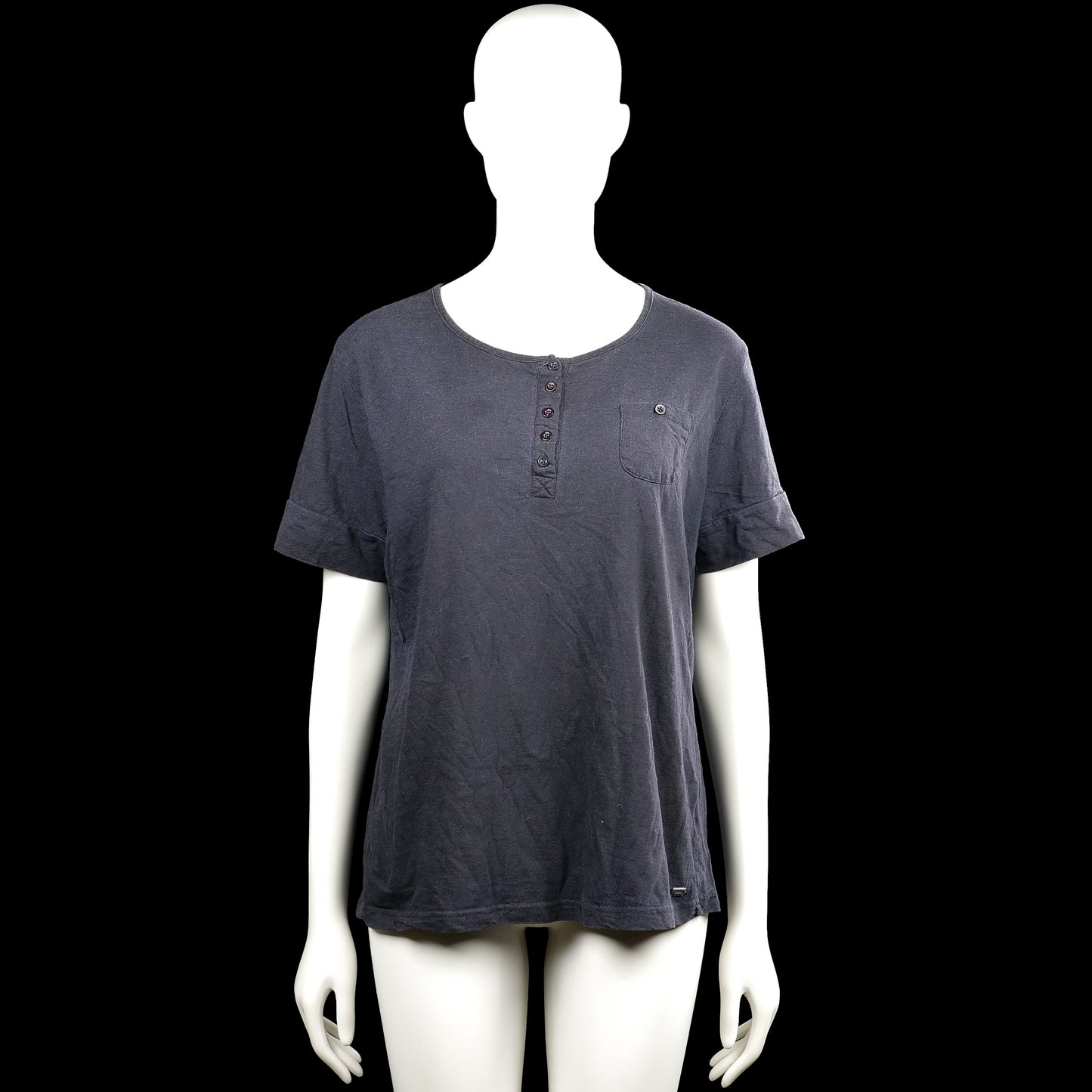 Zagani - T-shirt - Dark Gray - Size M - Dark gray solid top with a round neckline and a short button placket. Short sleeves with plain cuffs and a straight hem, with a chest pocket.