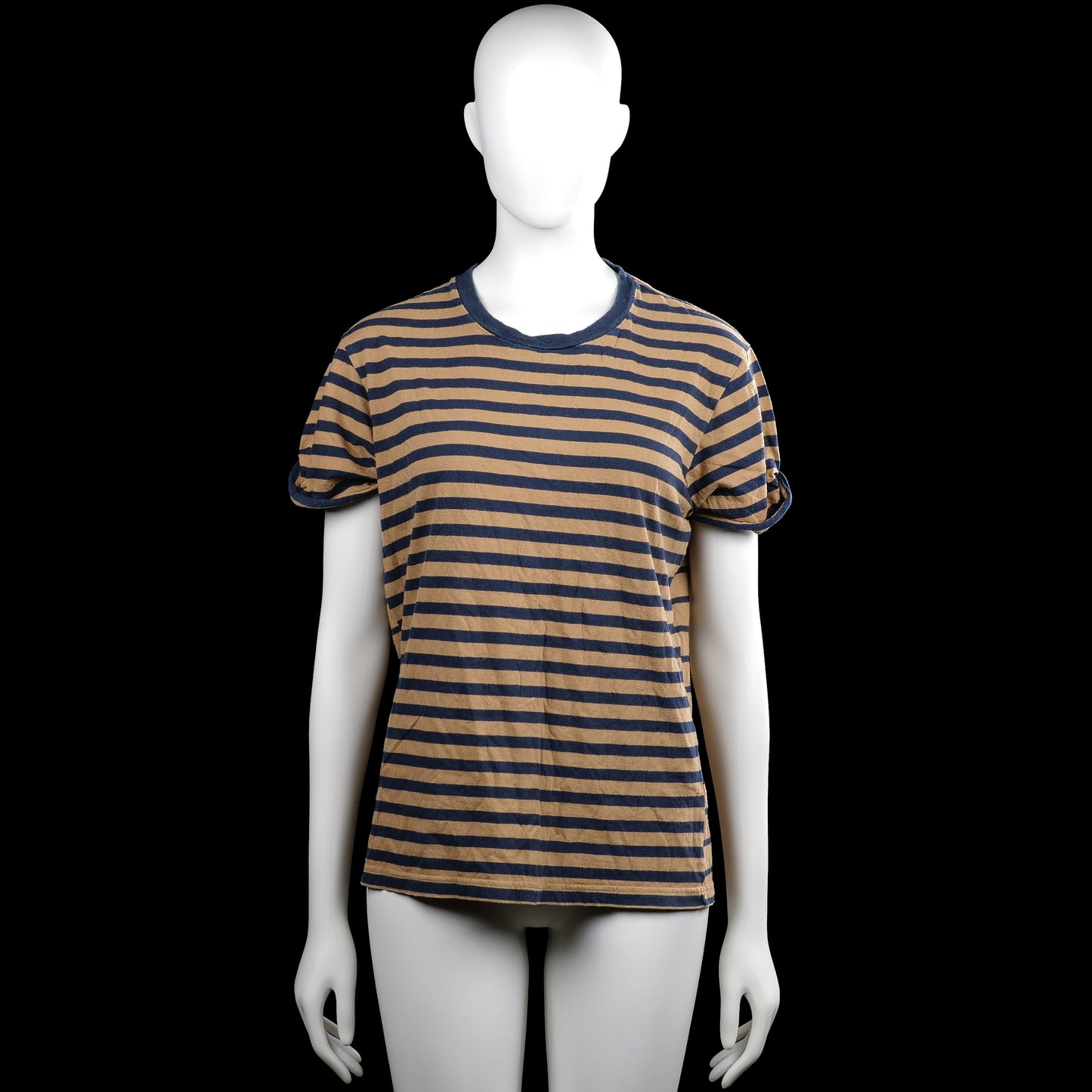 Flippa k - T-shirt - Camel & Navy - Size S - Camel and navy striped top with a round neckline and short sleeves with rolled cuffs. Straight hem with no visible closures.