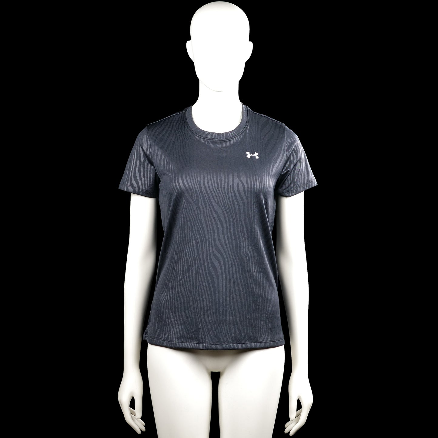Under armour - T-shirt - Dark Gray & Gray - Size XS - Dark gray and gray zebra-patterned top with a round neckline and short sleeves. Straight hem with plain sleeve cuffs and small chest and back logos.