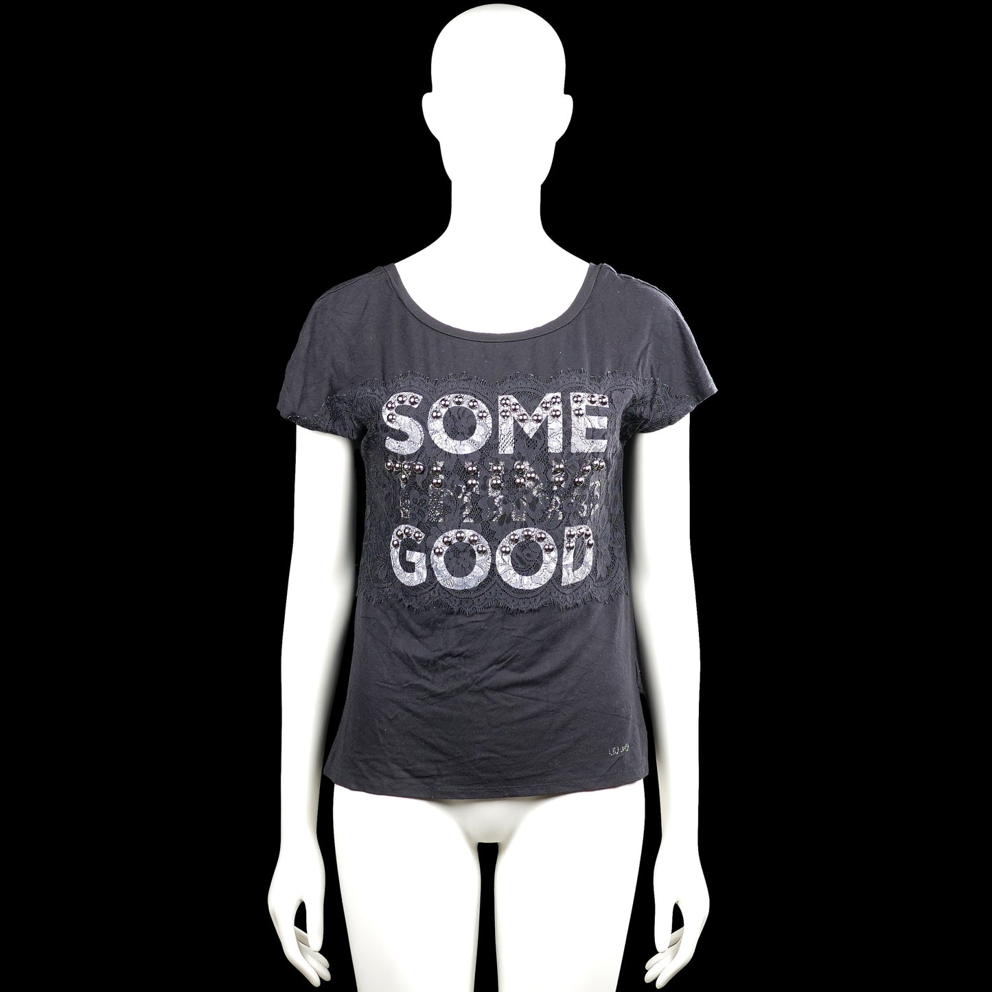 Liujo - T-shirt - Charcoal & Gray - Size S - Charcoal and gray short-sleeve top with a scoop neckline and straight hem. Features a lace panel with large text and stud details on the front.