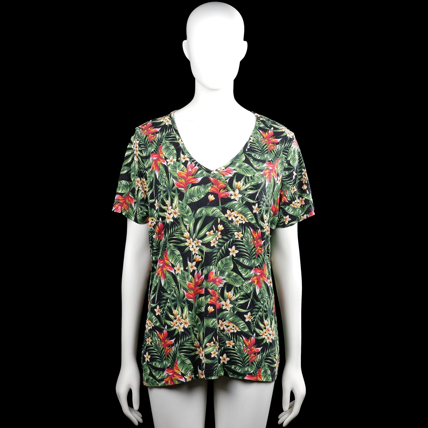 Msmode - T-shirt - Multicolored - Size L - Multicolored floral top with a scoop neckline and short sleeves. Features plain cuffs and a straight hem.