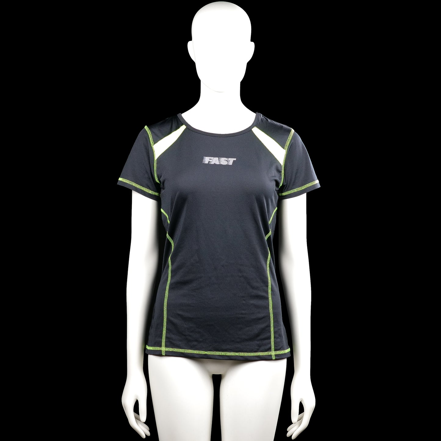 Fast - T-shirt - Black & Lime - Size S, M - Black short-sleeve top with a round neck and lime seam accents and shoulder panels. Straight hem and plain sleeve cuffs, with small text on the chest and a striped graphic on the upper back.