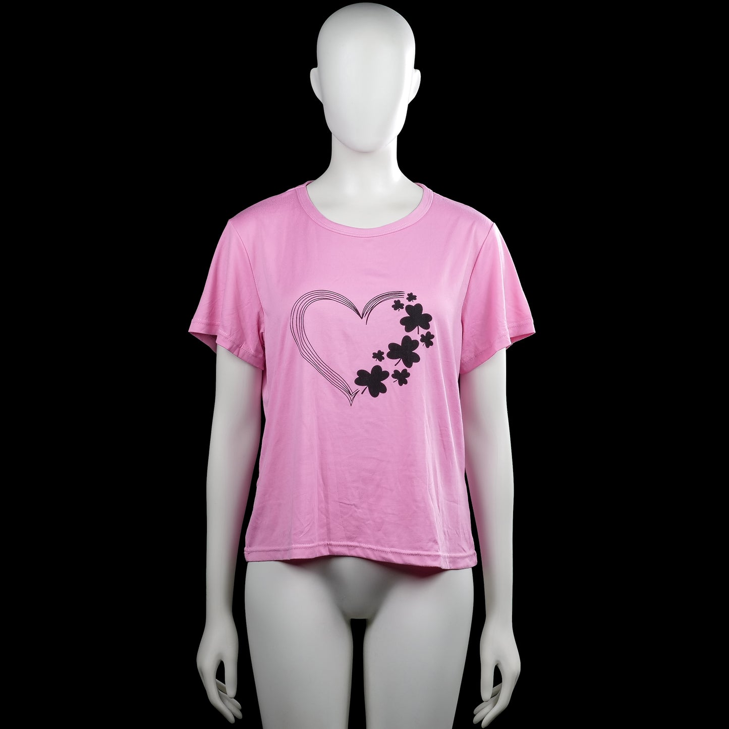 T-shirt - Pink - Size S - Pink short-sleeve T-shirt with a round neck and straight hem. Features a black heart and flower graphic print on the front.