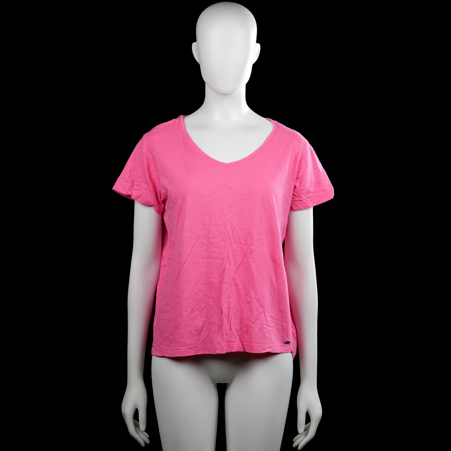 Zagani - T-shirt - Pink - Size M - Pink solid short-sleeve top with a V-neckline and plain cuffs. Straight hem with a small side vent.