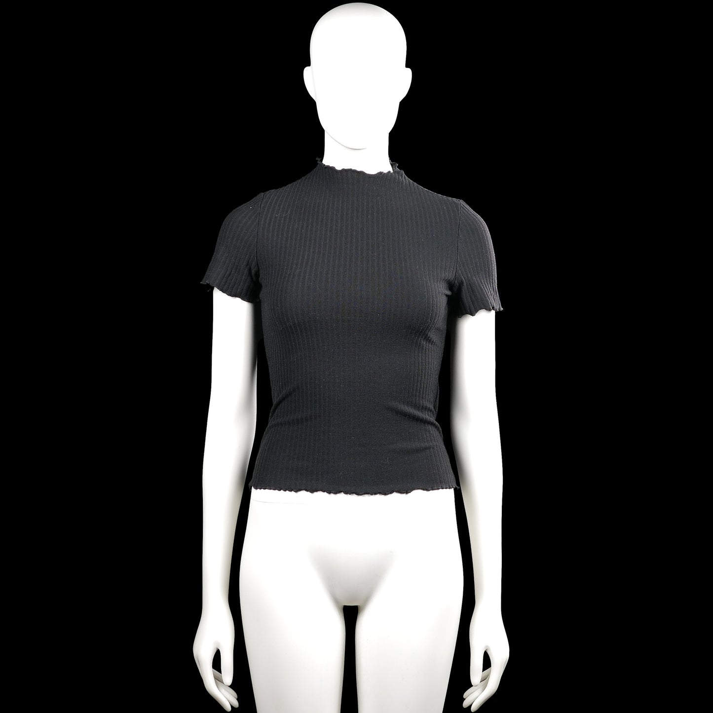 Only - T-shirt - Black - Size XS - Black solid ribbed top with a high neckline and short sleeves. Features slightly ruffled edges at the neck, sleeve cuffs, and straight hem.
