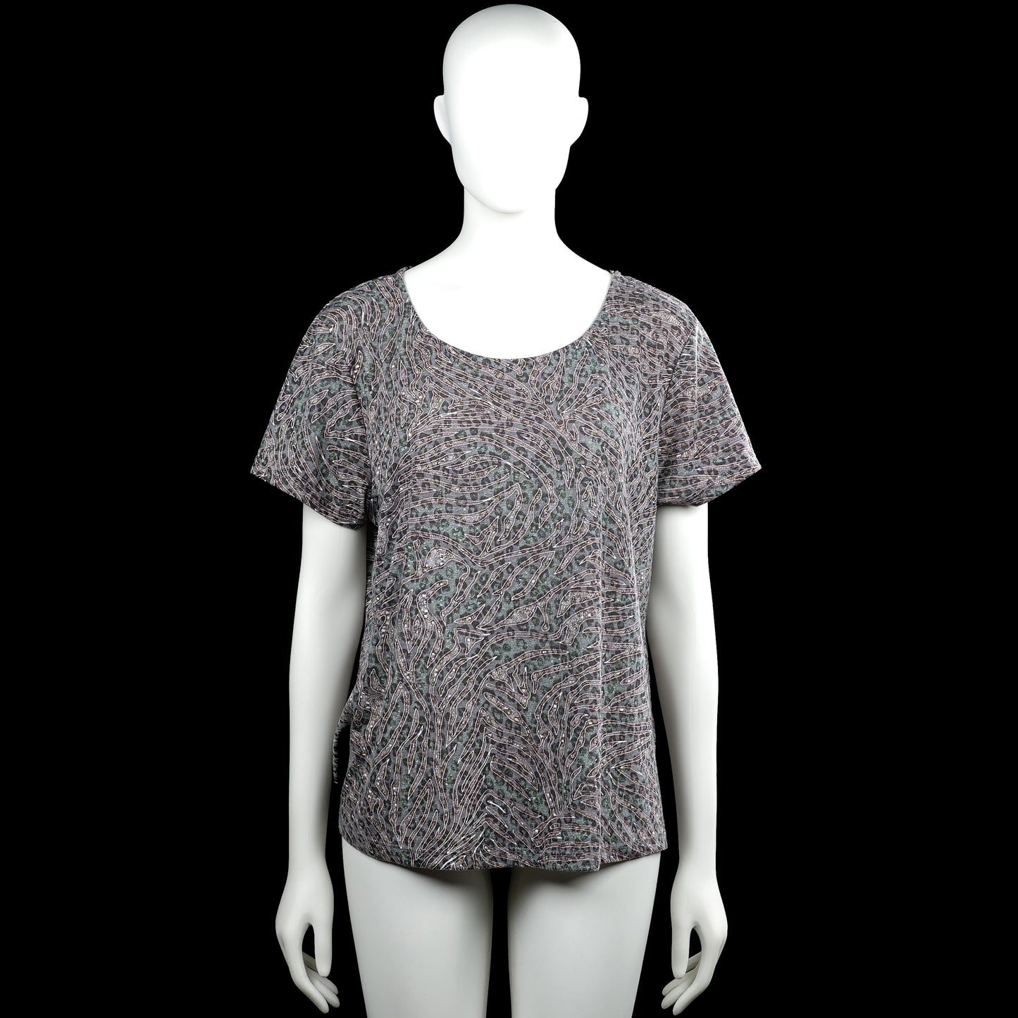 Alice bizous - T-shirt - Gray & Forest Green - Size XL - Gray and forest green top with an all-over abstract print and a scoop neckline. Features short sleeves with plain cuffs and a straight hem.