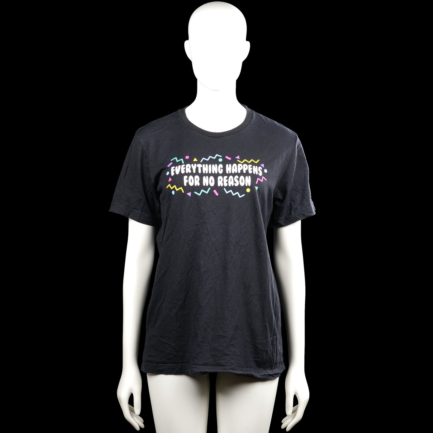 Canvas - T-shirt - Black - Size M - Black short-sleeve T-shirt with a round neck and straight hem. Features a printed front graphic with text and multicolored shapes.
