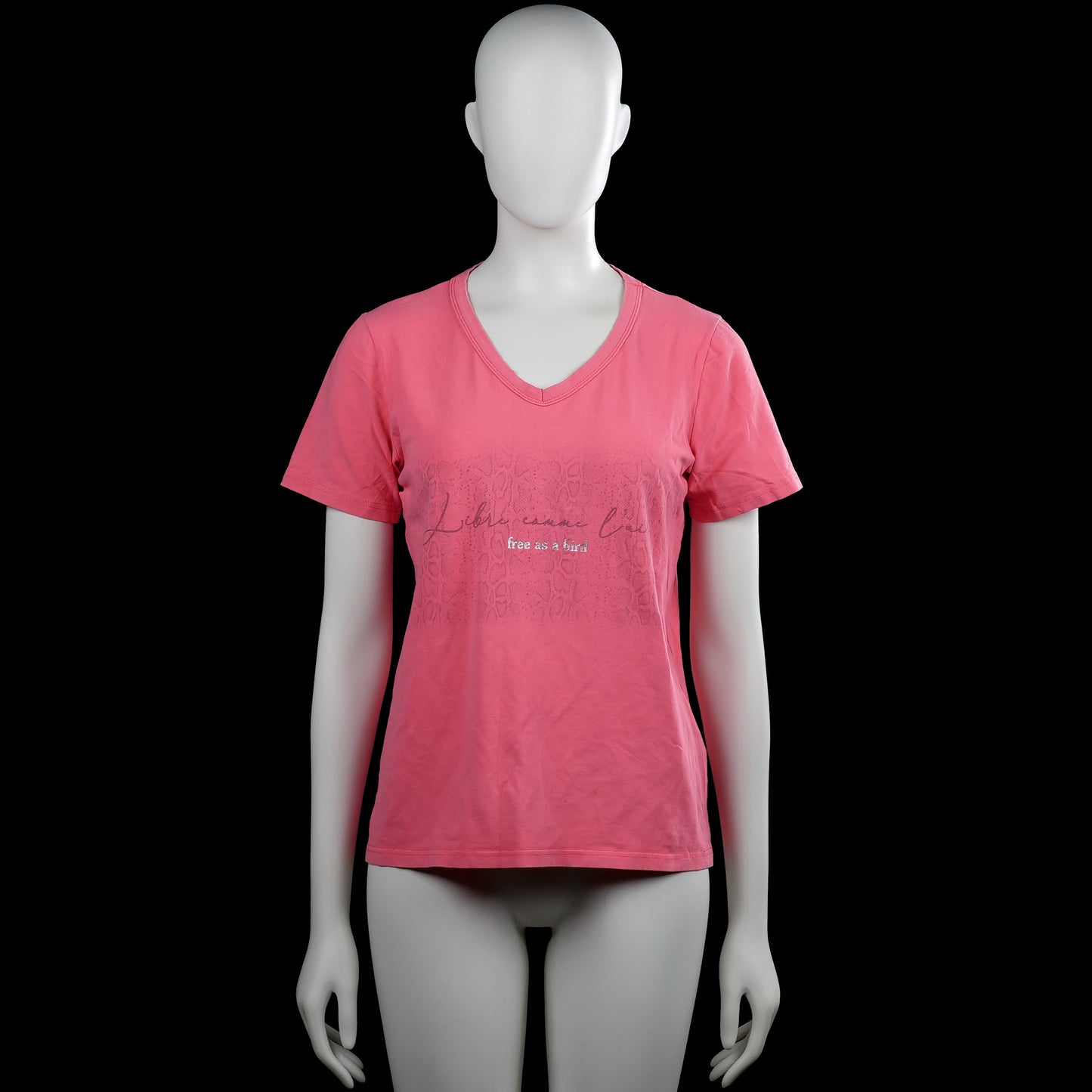 Enjoy - T-shirt - Pink - Size S - Pink T-shirt with a V-neck and short sleeves. Features a faint front graphic print and a straight hem.