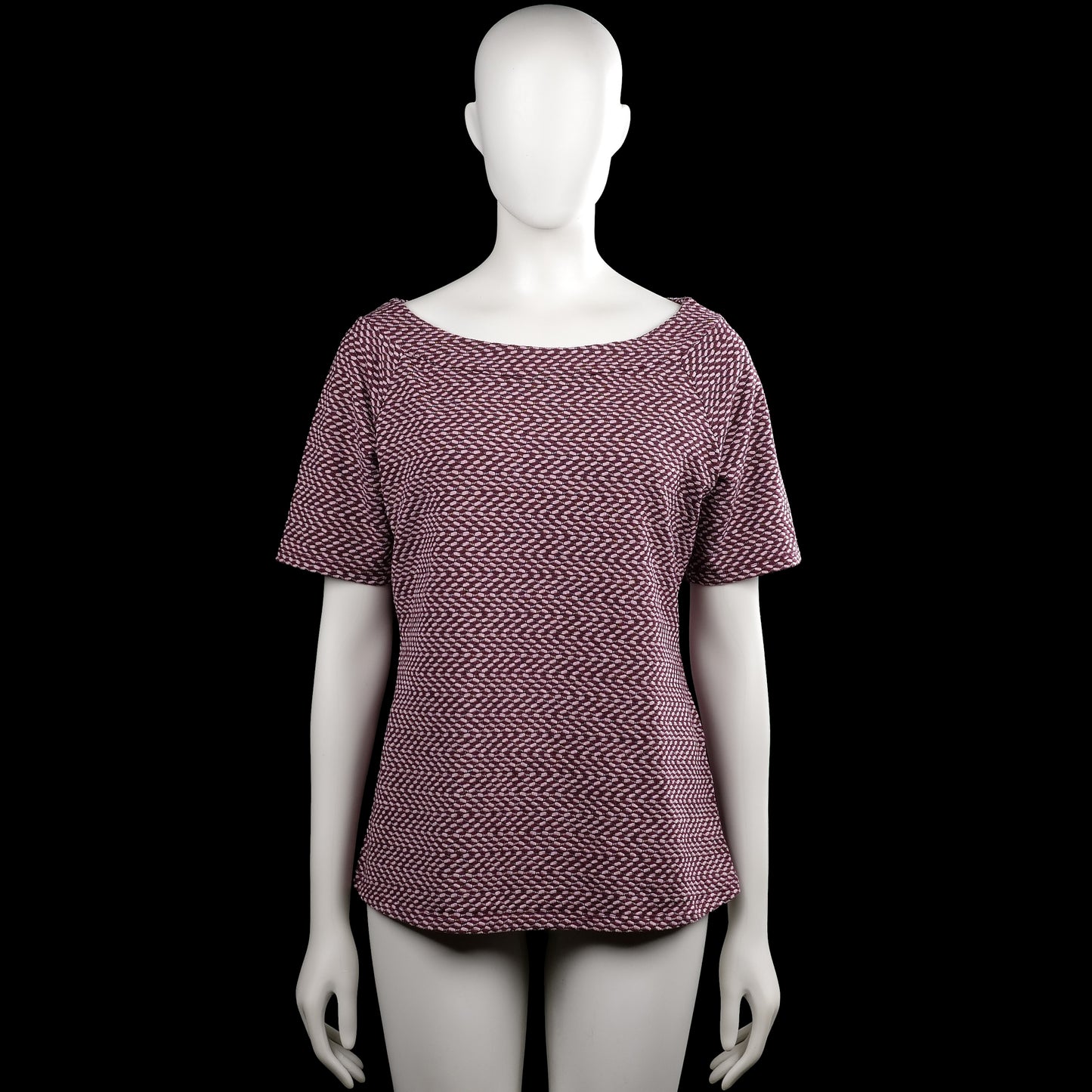 Lindex - T-shirt - Burgundy & White - Size L - Burgundy and white printed top with a boat neckline and short sleeves. Straight hem and plain sleeve cuffs.