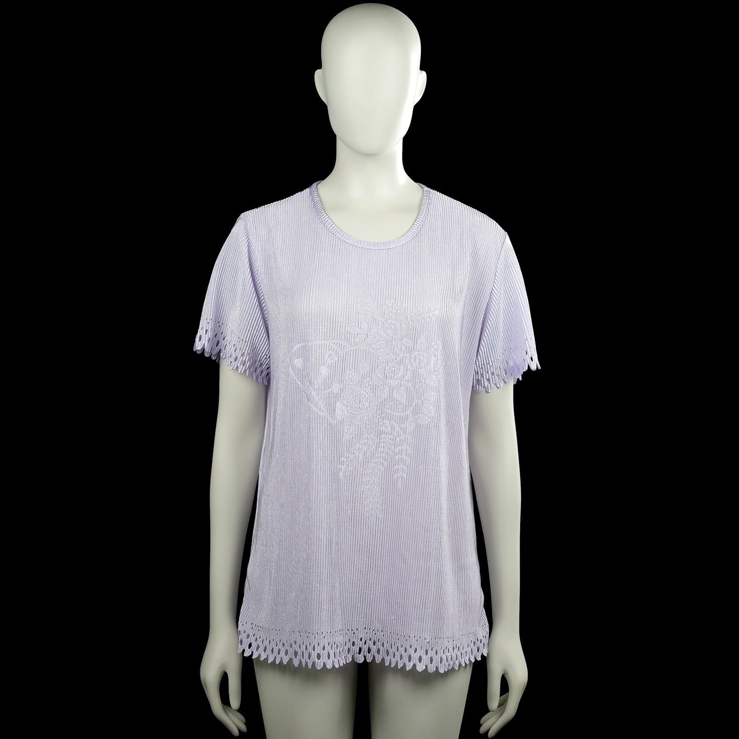 T-shirt - Lilac - Size L - Lilac solid short-sleeve top with a round neck and straight hem. Features scalloped cutout trim at the sleeve edges and hem.