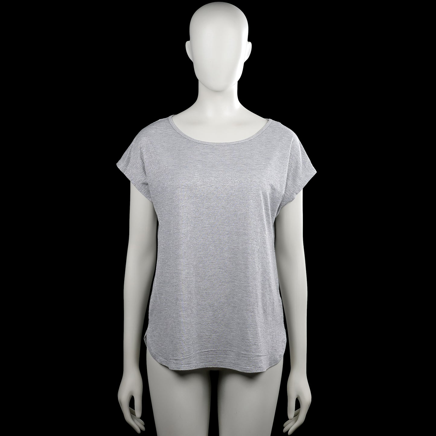 Esprit - T-shirt - Light Gray - Size M - Light gray solid top with a boat neckline and short sleeves. Curved hem with small side slits.