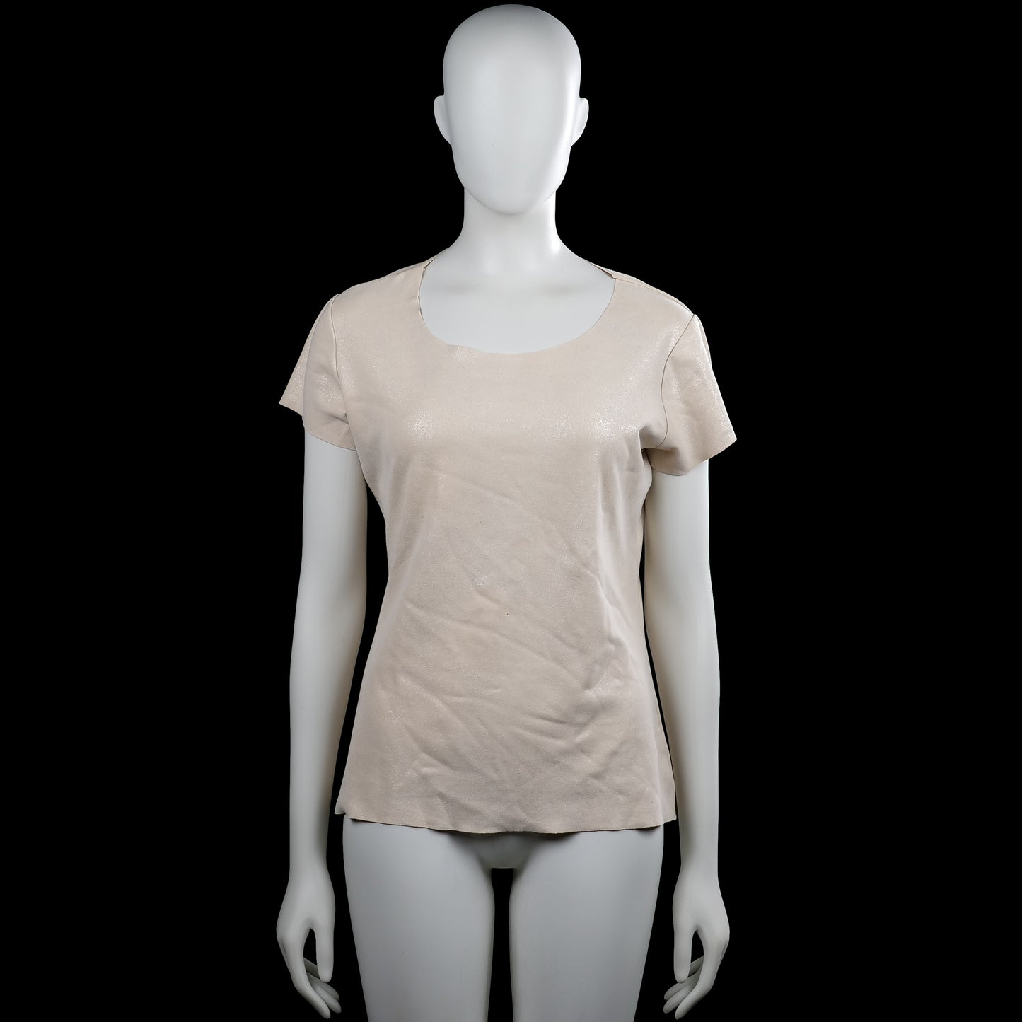 Ambika - T-shirt - Beige - Size M - Beige solid top with a scoop neckline and short sleeves. Straight hem and plain sleeve cuffs with no visible closures.