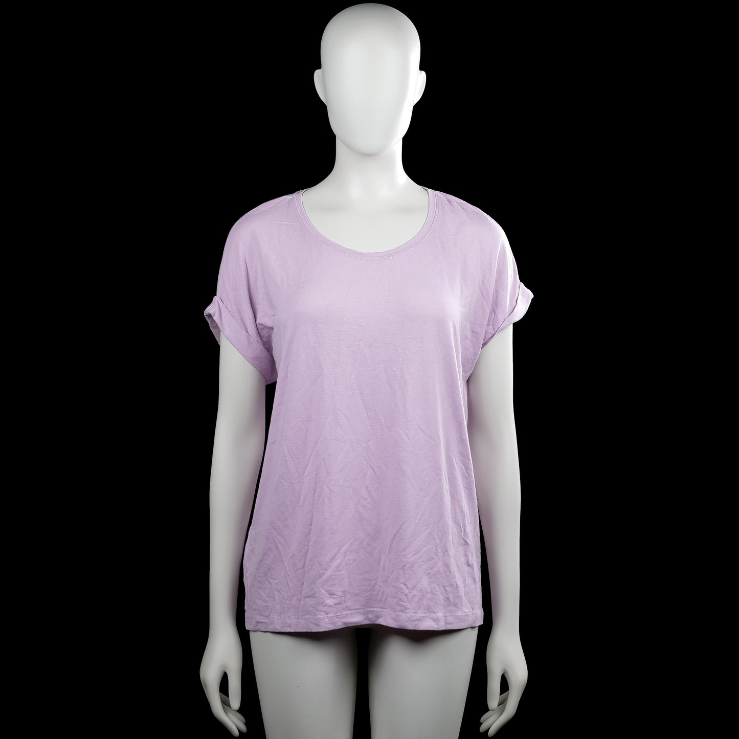 Only - T-shirt - Lilac - Size S - Solid lilac top with a scoop neckline and short sleeves with rolled cuffs. Straight hem with no visible closures or pockets.