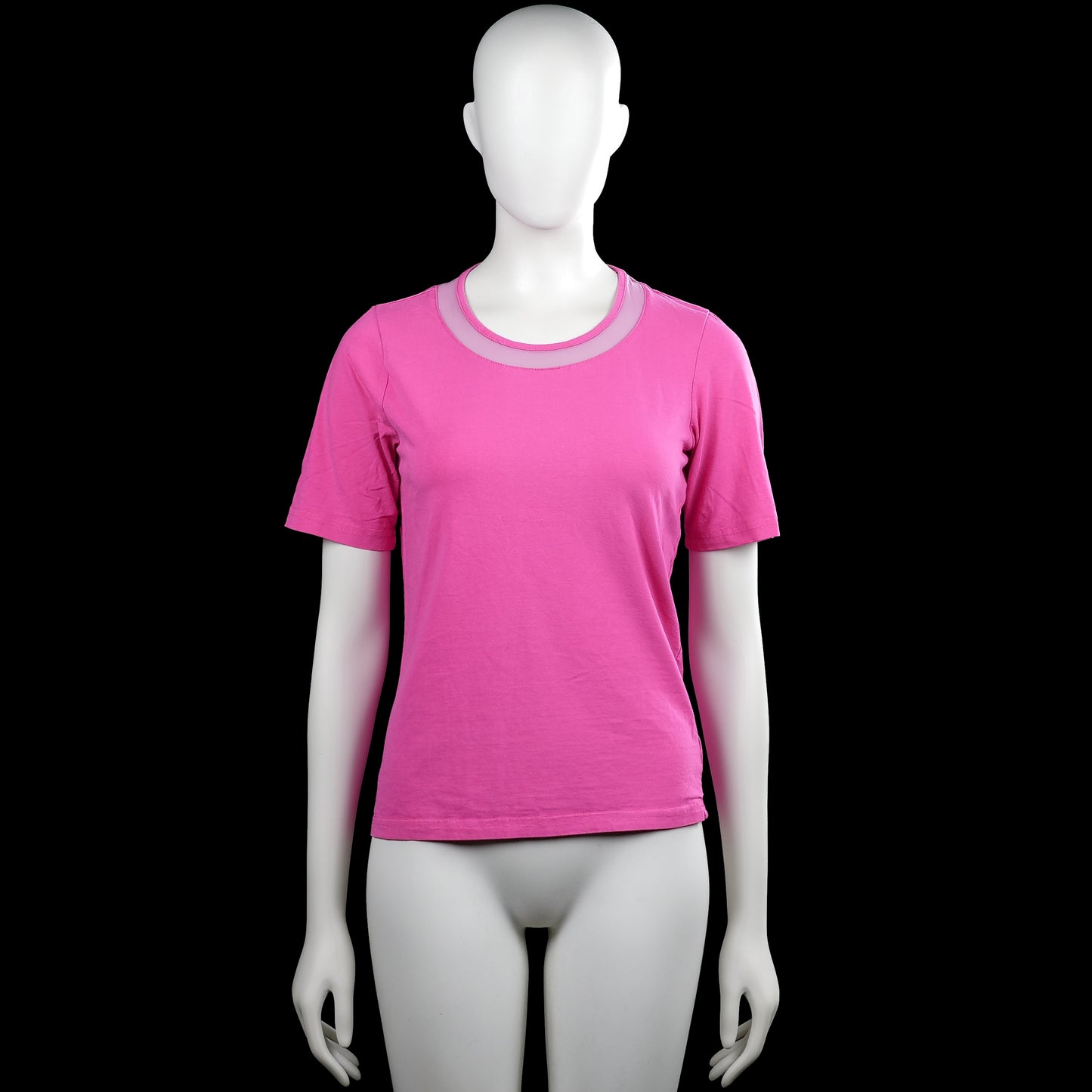 Micha - T-shirt - Pink & Light Pink - Size S - Pink solid short-sleeve top with a round neck and a sheer panel around the neckline. Straight hem and plain cuffs.
