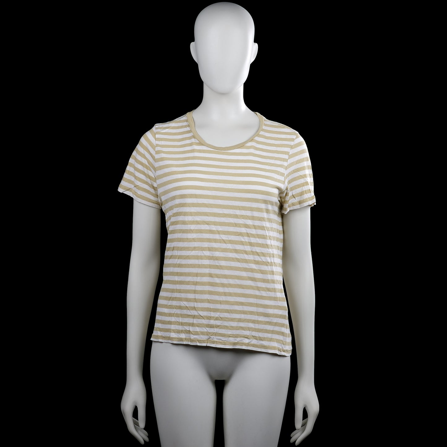Monkl - T-shirt - White & Beige - Size S - White and beige striped top with a round neck and short sleeves. Features plain sleeve cuffs and a straight hem.
