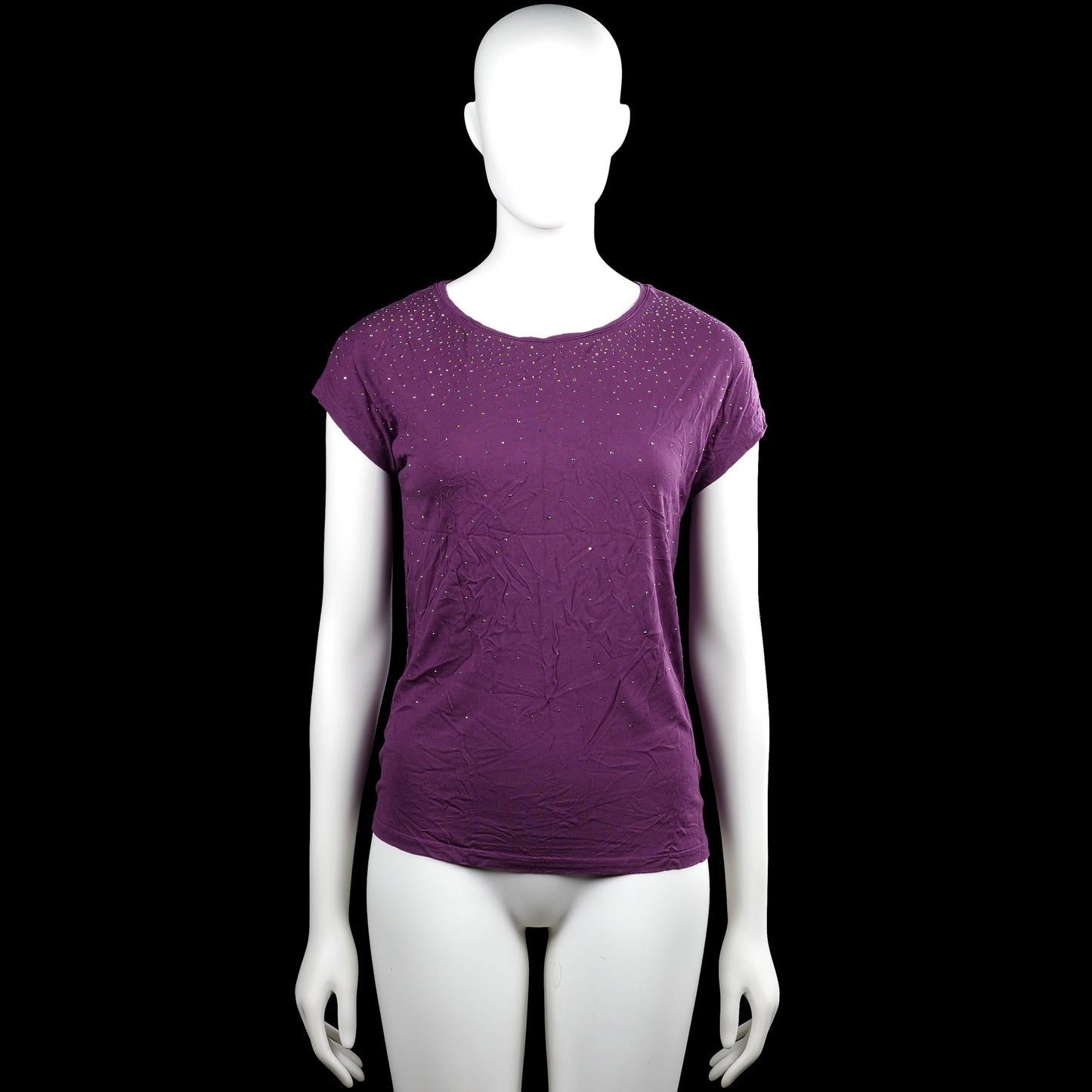 Esprit - T-shirt - Purple - Size XS - Purple solid short-sleeve top with a round neckline and straight hem. Small stud-like embellishments are scattered across the front.