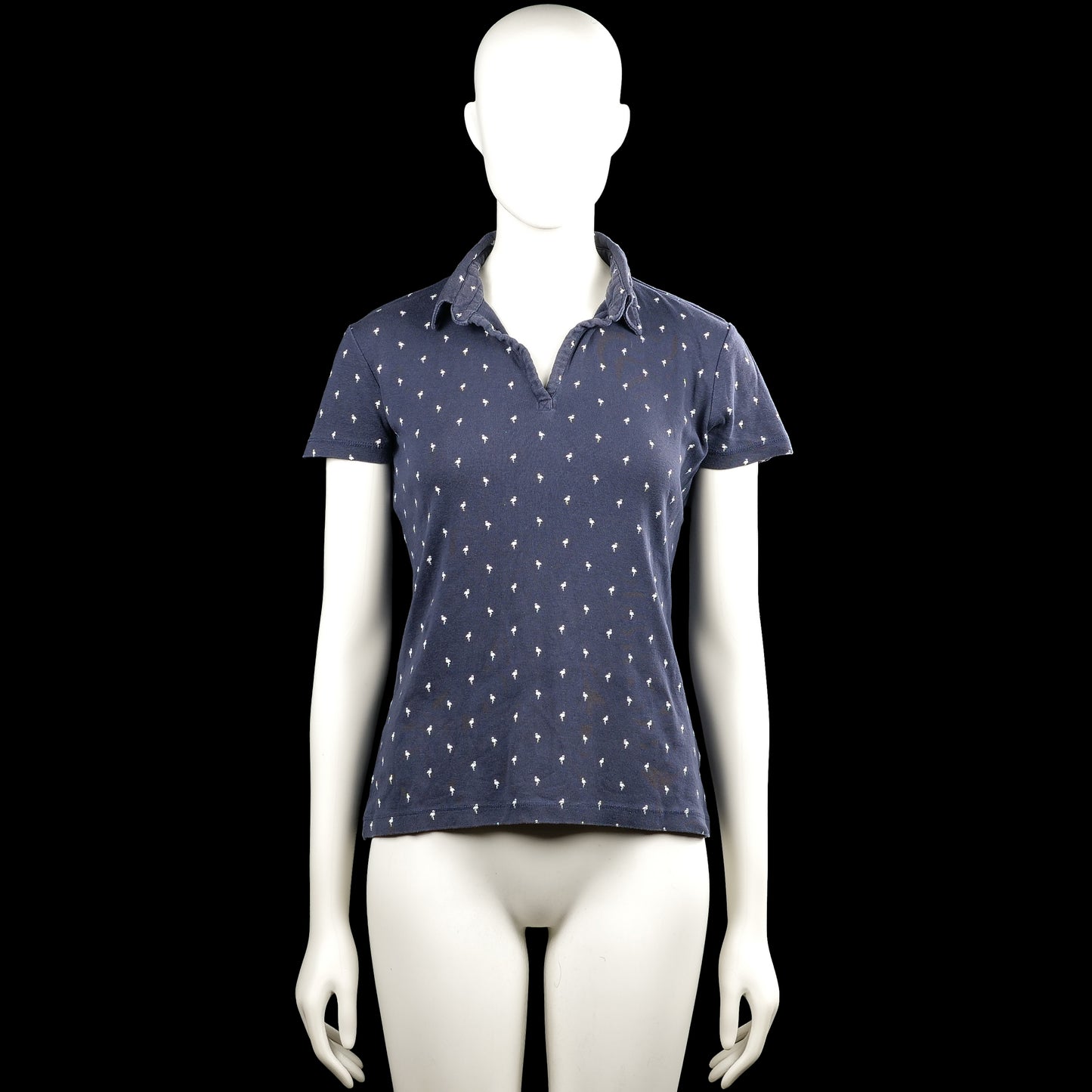 Pescara - T-shirt - Navy & White - Size M - Navy polo shirt with short sleeves and a polo collar with a V-slit opening. Features an all-over small white print and a straight hem.
