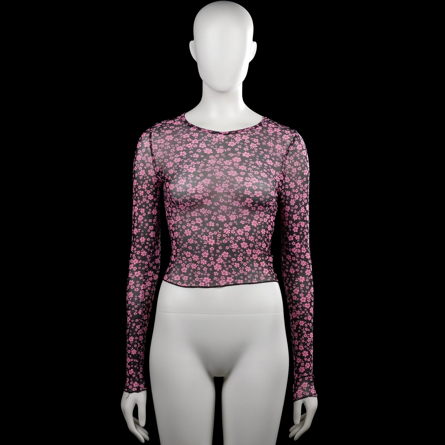 Long-sleeve top - Black & Pink - Size XS - Black long-sleeve top with an all-over pink floral pattern and a round neckline. Straight hem and plain cuffs.