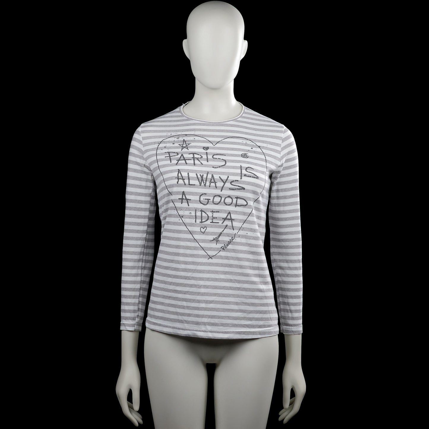 Please - Long-sleeve top - White & Light Gray - Size M - White and light gray striped top with a round neck and long sleeves. Features a front heart outline with text print and a straight hem with plain cuffs.