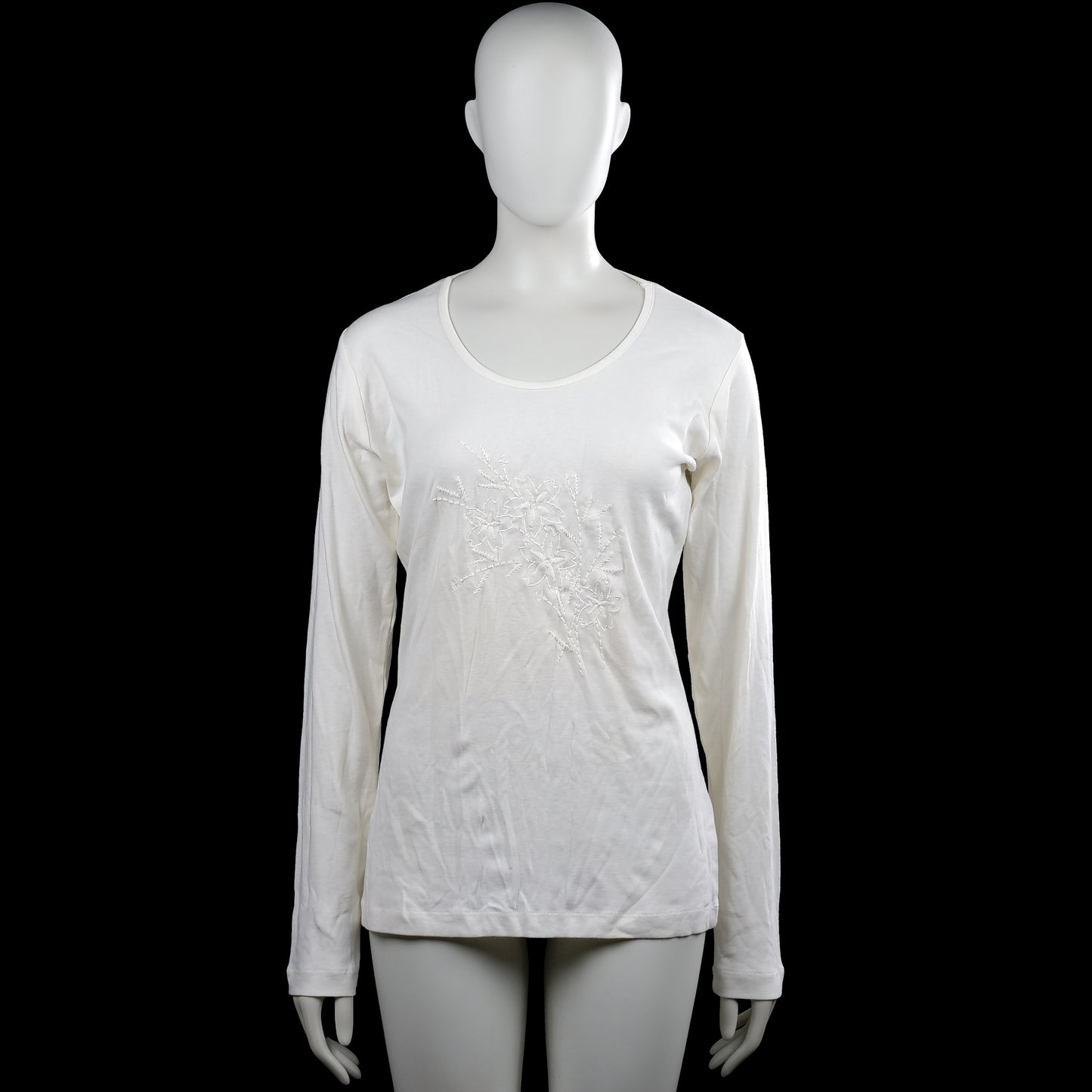 Ms Mode - Long-sleeve top - White - Size L - White solid long-sleeve top with a scoop neckline and straight hem. Features tonal floral embroidery on the front and plain cuffs.