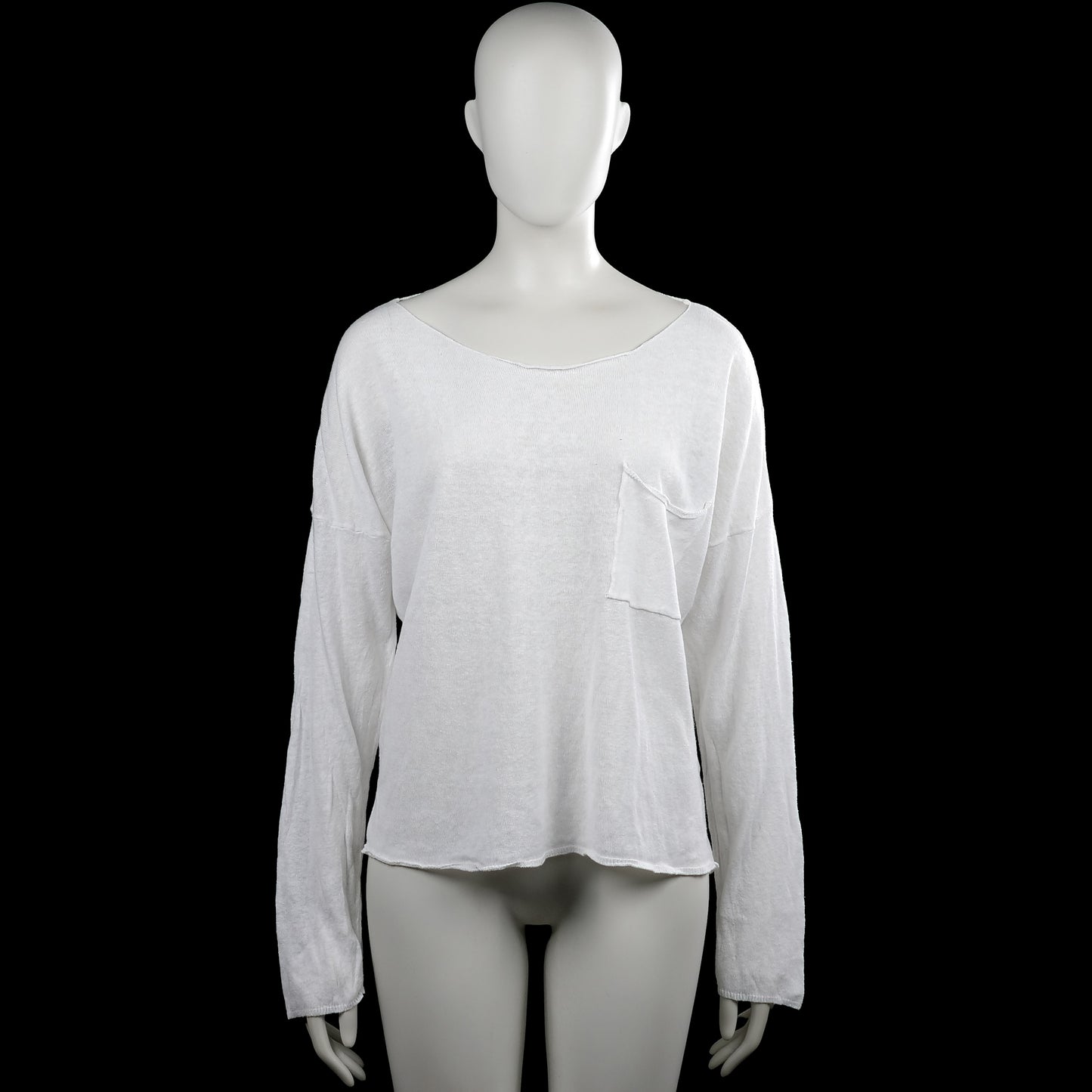 157 - Long-sleeve top - White - Size M - White solid long-sleeve top with a wide boat neckline and a chest patch pocket. Straight hem and plain cuffs with no visible closures.