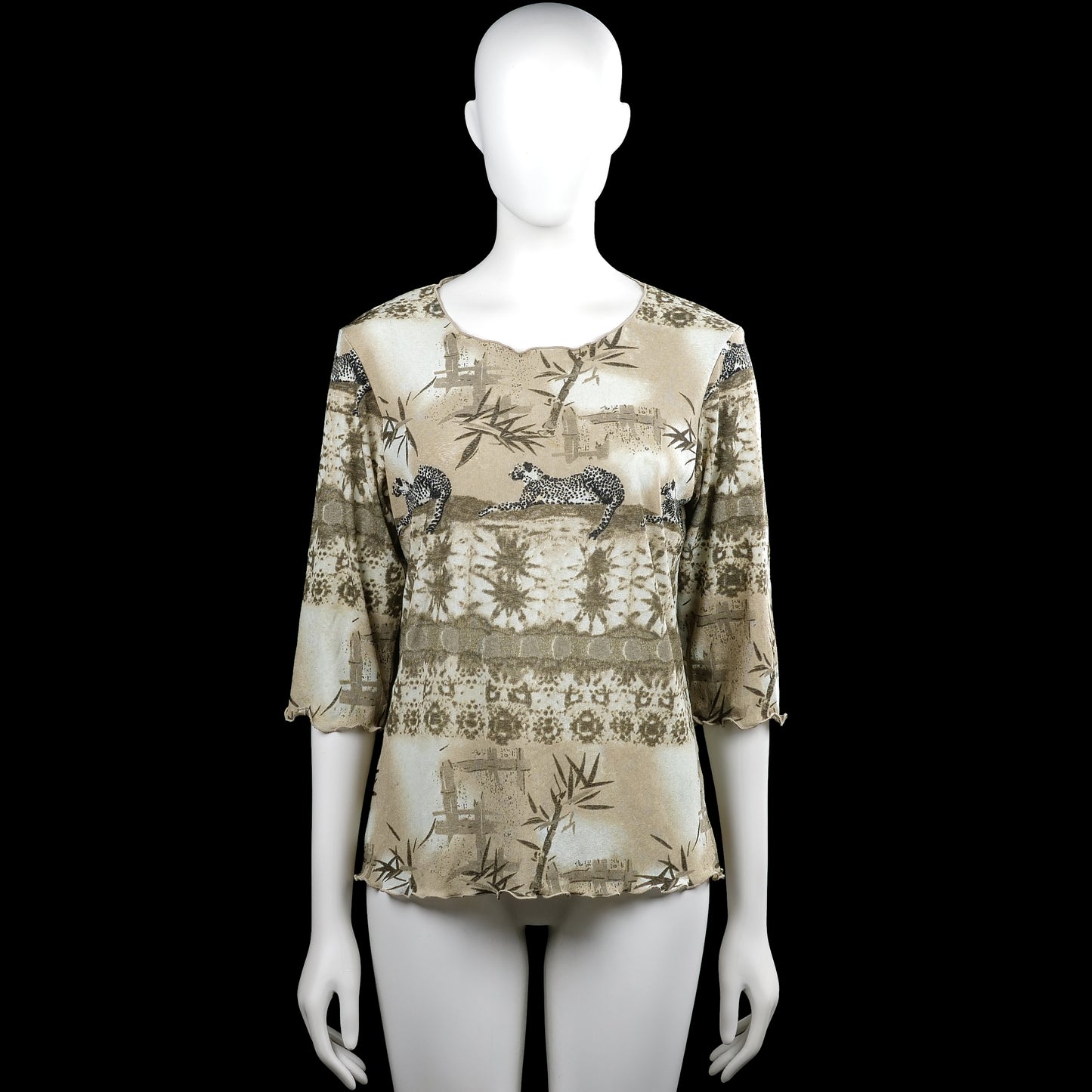 Long-sleeve top - Beige & Brown - Size L - Beige and brown top with an all-over scenic print and a round neckline. Features three-quarter sleeves with plain cuffs and a straight hem.