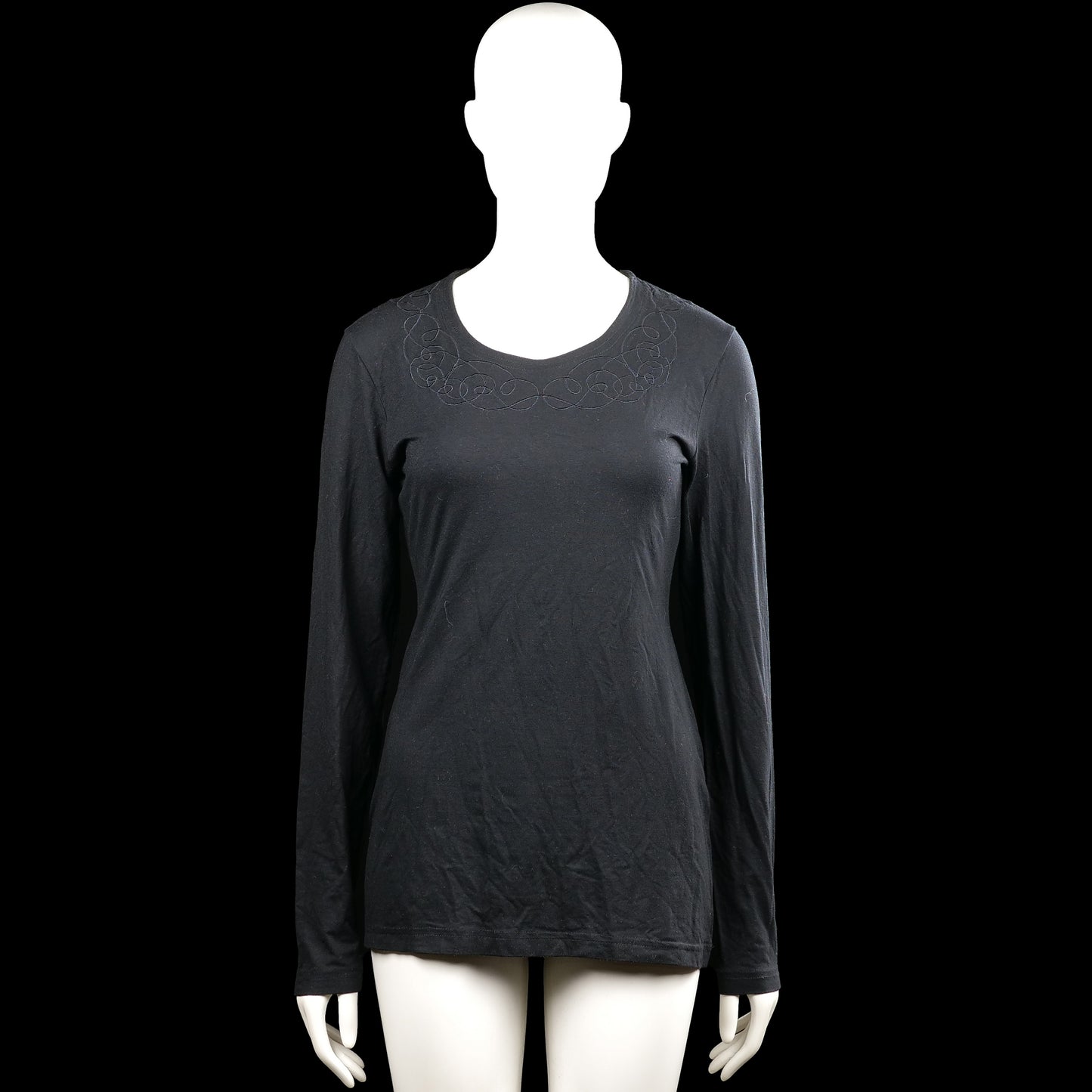 Rosmer - Long-sleeve top - Black - Size 40 - Black solid long-sleeve top with a scoop neckline and plain cuffs. Straight hem with tonal embroidered swirl detailing around the neckline.