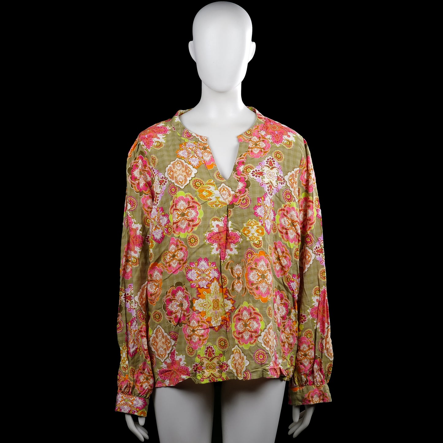 Cream - Long-sleeve top - Olive & Pink - Size 44 - Olive and pink floral top with a V-neck split opening and long sleeves. Features elastic cuffs and a straight hem.