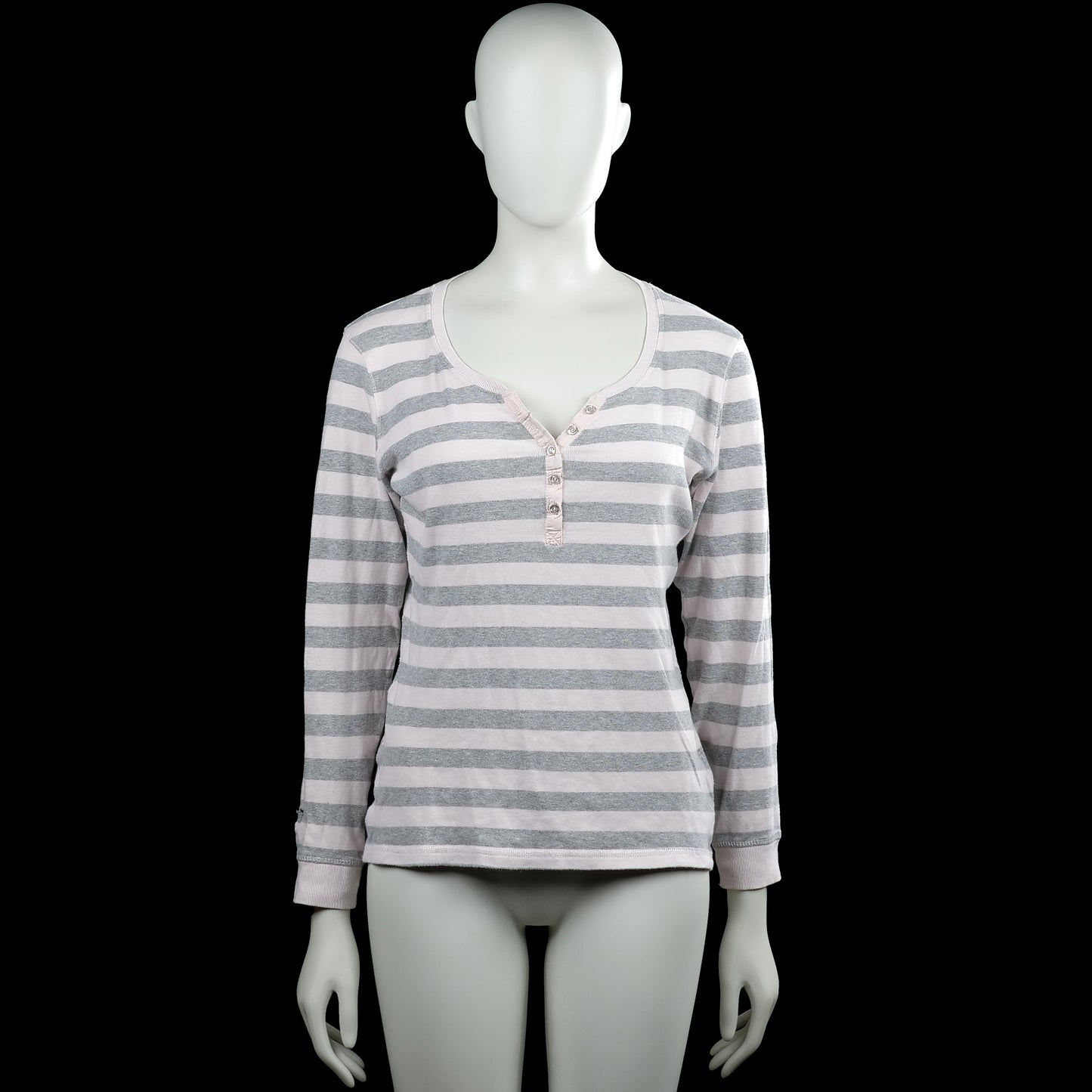 Janina - Long-sleeve top - White & Gray - Size 42 - White and gray striped long-sleeve top with a scoop neckline and short button placket at the front. Features ribbed cuffs and a straight hem.