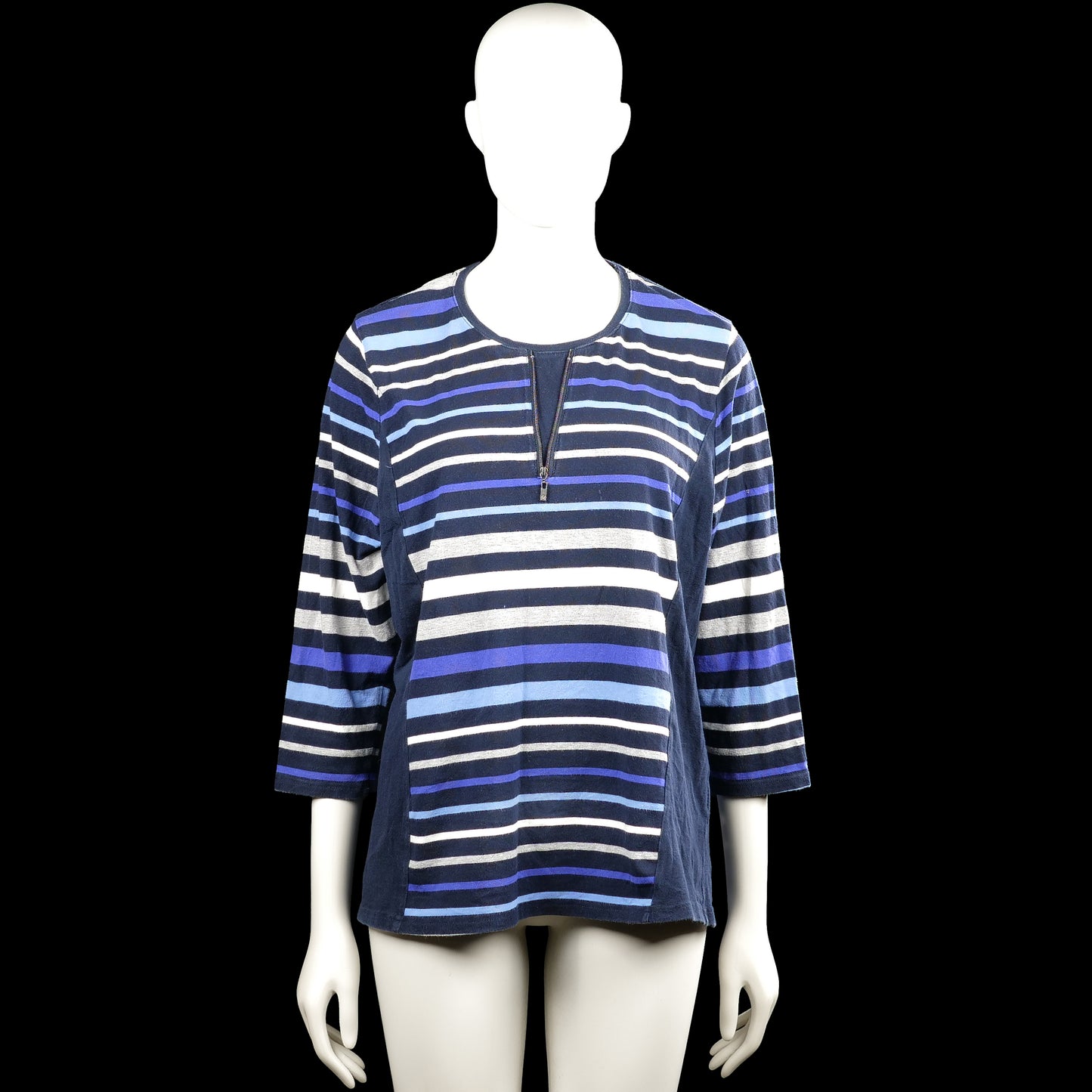 Micha - Long-sleeve top - Navy & White - Size XL - Navy and white striped top with a round neckline and a short center zip at the front. Three-quarter sleeves with plain cuffs and a straight hem.