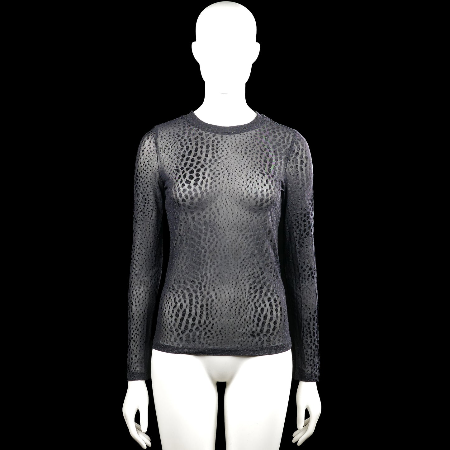 .Object - Long-sleeve top - Gray & Black - Size XS - Gray long-sleeve top with a round neck and black dotted pattern throughout. Straight hem and plain cuffs with no visible closures.