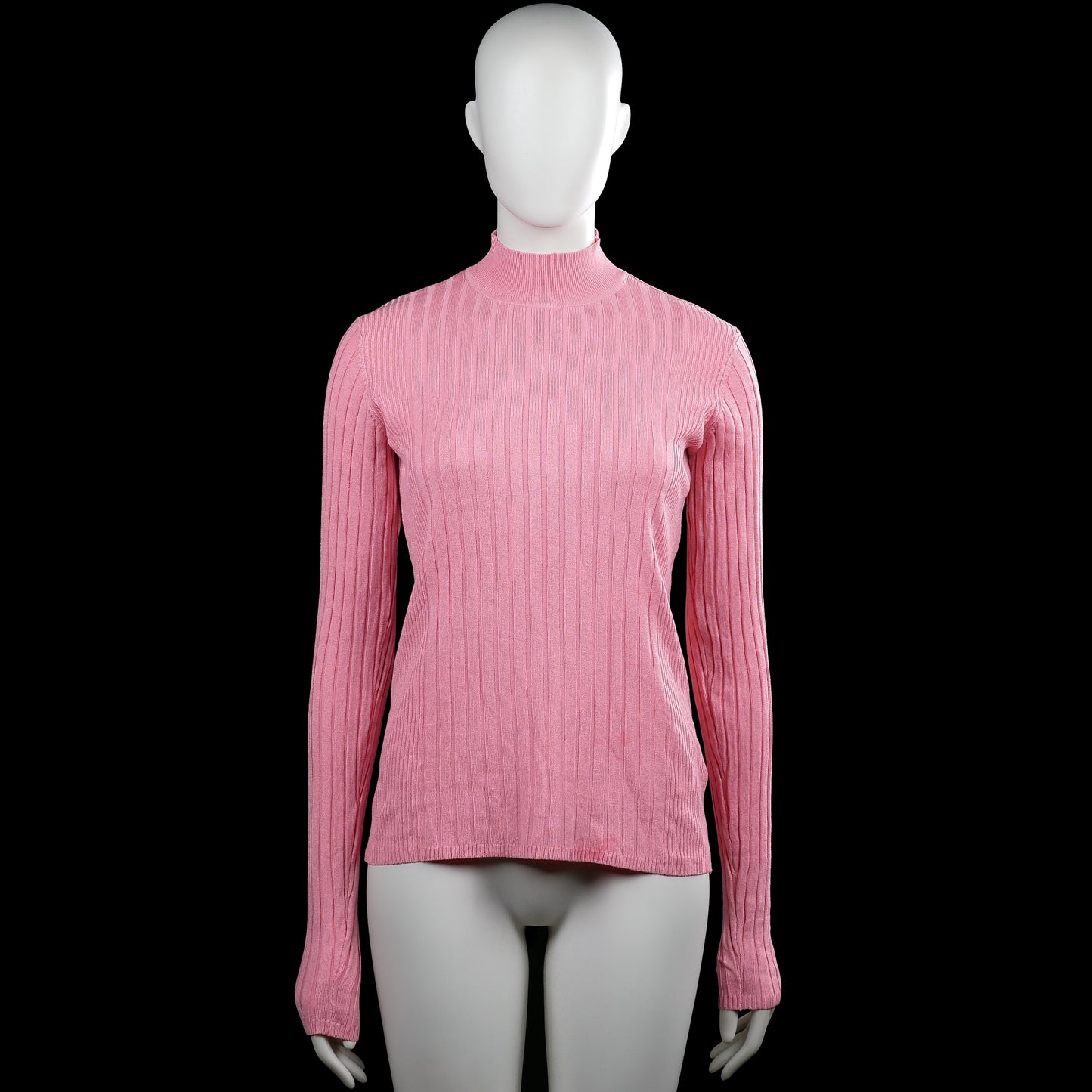 Ladies fashion - Long-sleeve top - Pink - Size M - Pink ribbed solid top with a mock neck and long sleeves. Features plain cuffs and a straight hem.