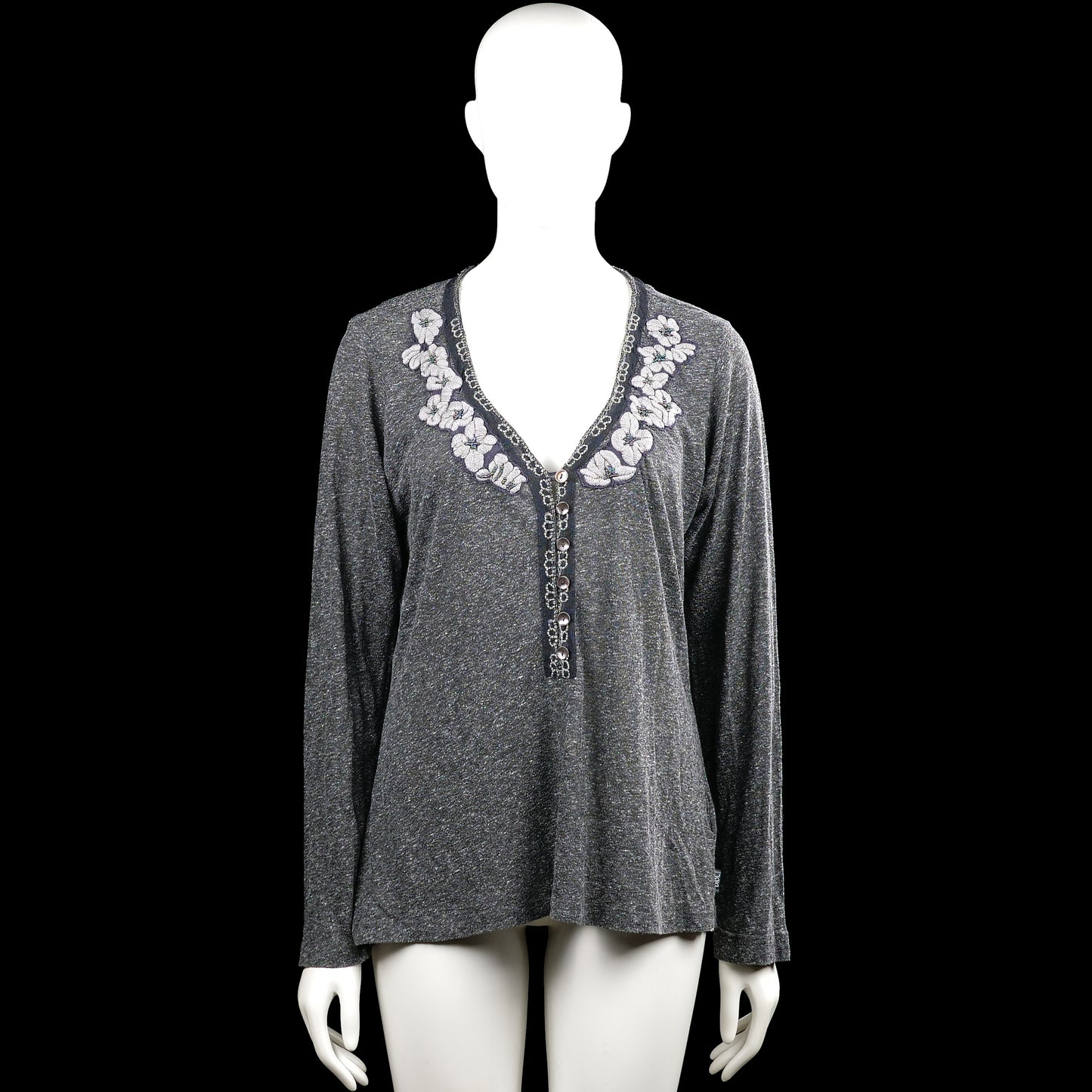 Didi - Long-sleeve top - Gray - Size XXL - Gray long-sleeve top with a V-neck and a partial button placket. Floral embroidery decorates both sides of the neckline, and the hem and cuffs are plain and straight.