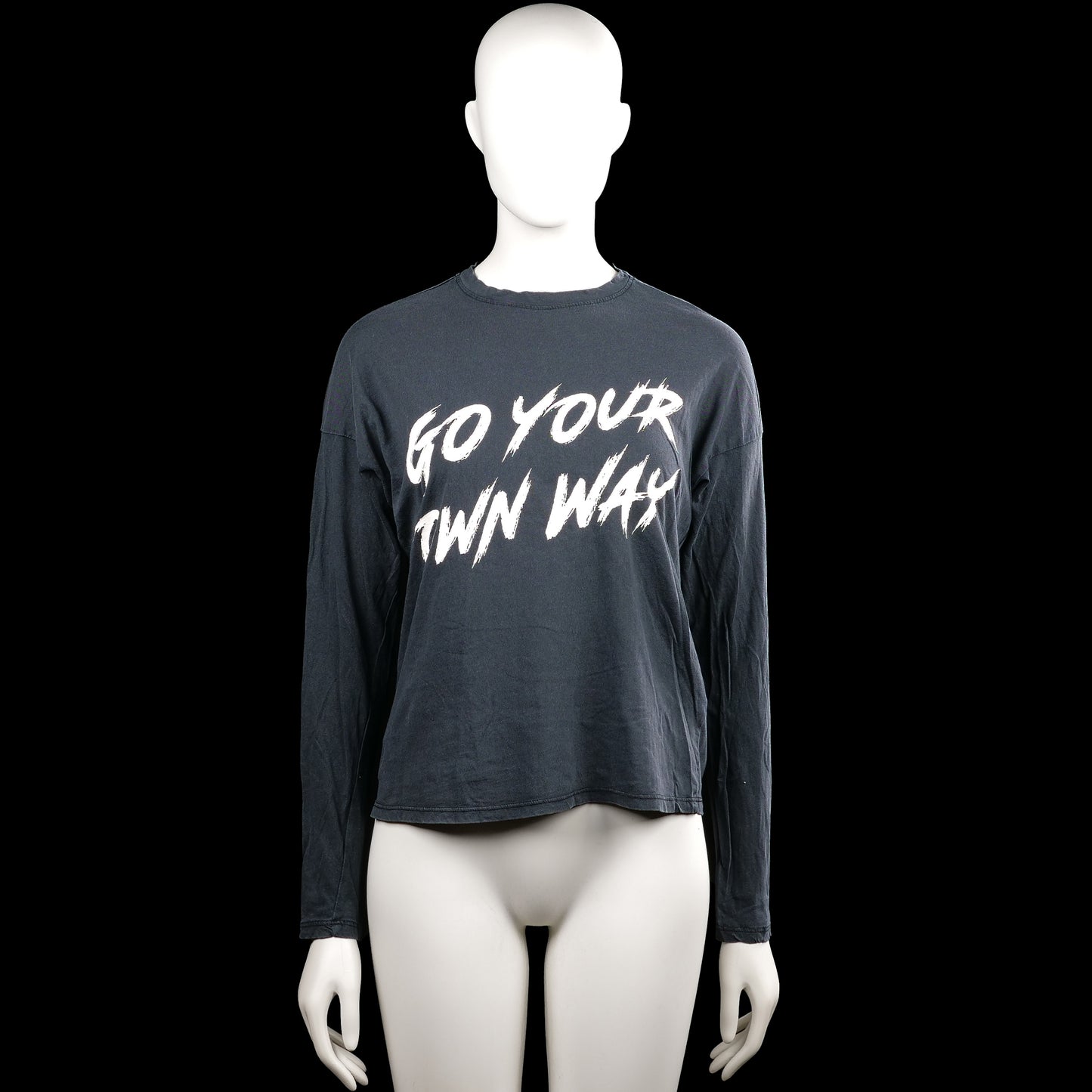 Gina Tricot - Long-sleeve top - Charcoal & White - Size XS - Charcoal long-sleeve top with a round neckline and straight hem. Large white text print across the front and plain cuffs.