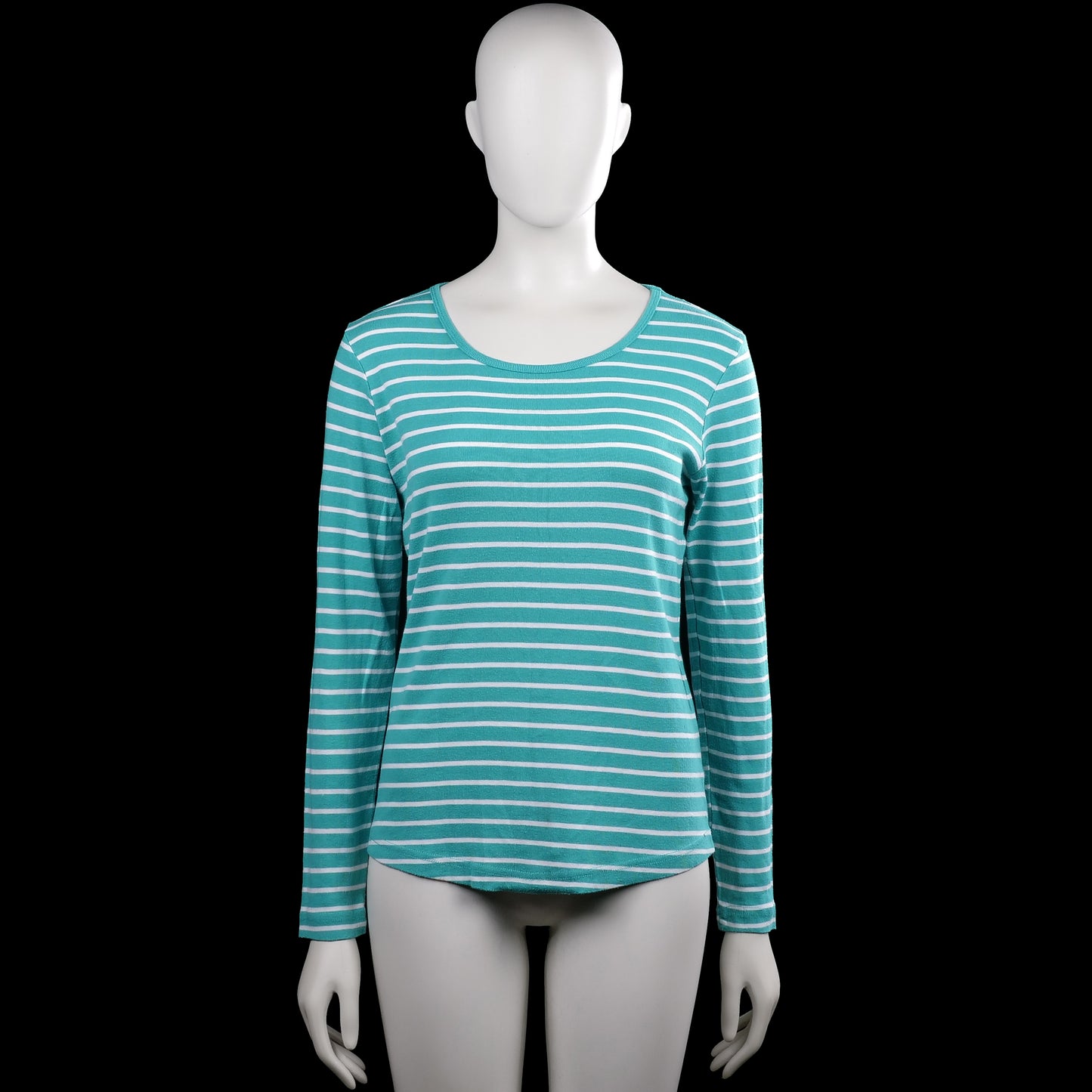 Cappuccini - Long-sleeve top - Turquoise & White - Size M - Turquoise and white horizontally striped top with a round neckline and long sleeves. Curved hem with plain cuffs.