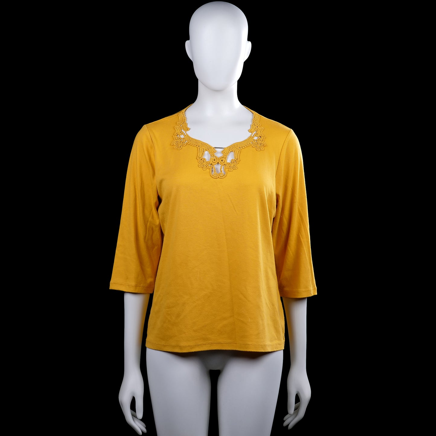 Atelier - Long-sleeve top - Mustard - Size XXL - Mustard solid top with a scoop neckline featuring lace-like trim and a small keyhole detail at the center front. Three-quarter sleeves with plain cuffs and a straight hem.