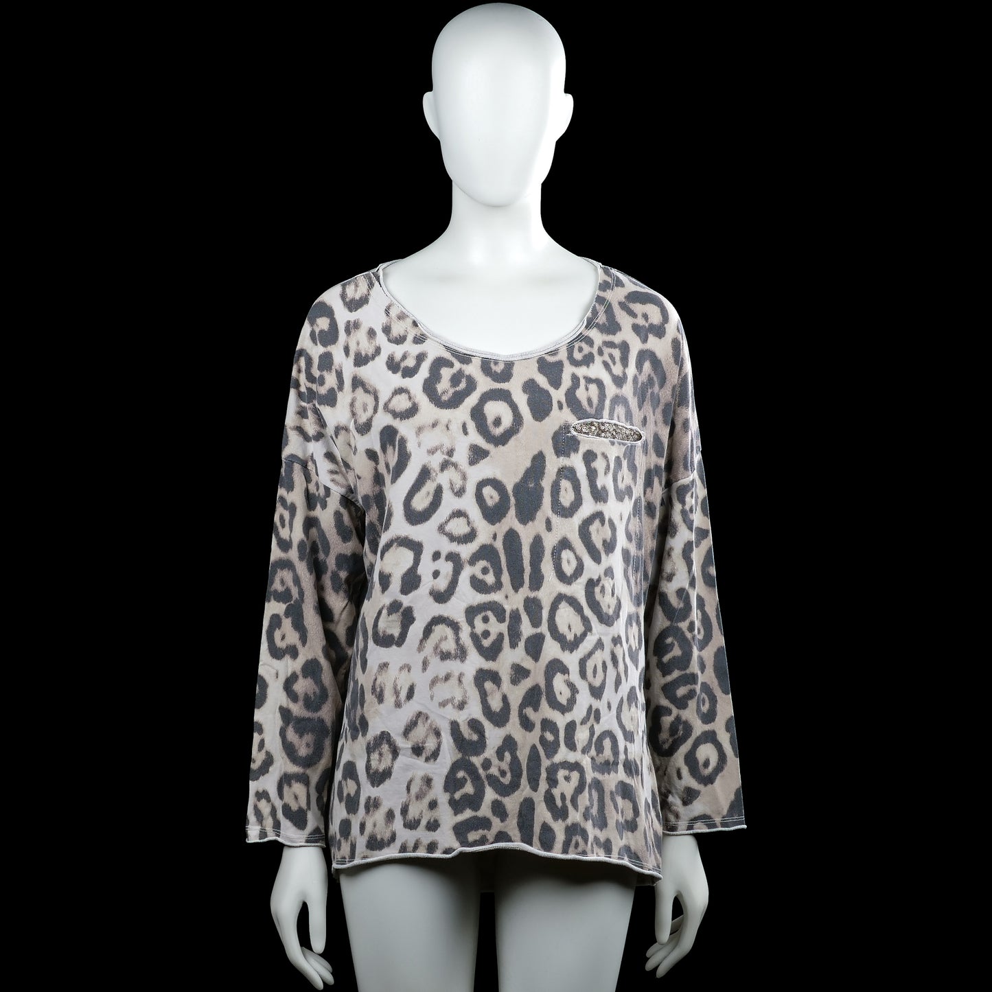 Tunic - Gray & Beige - Size L - Gray and beige leopard-pattern top with a scoop neckline and long sleeves. Features a small chest pocket and a curved hem with plain cuffs.