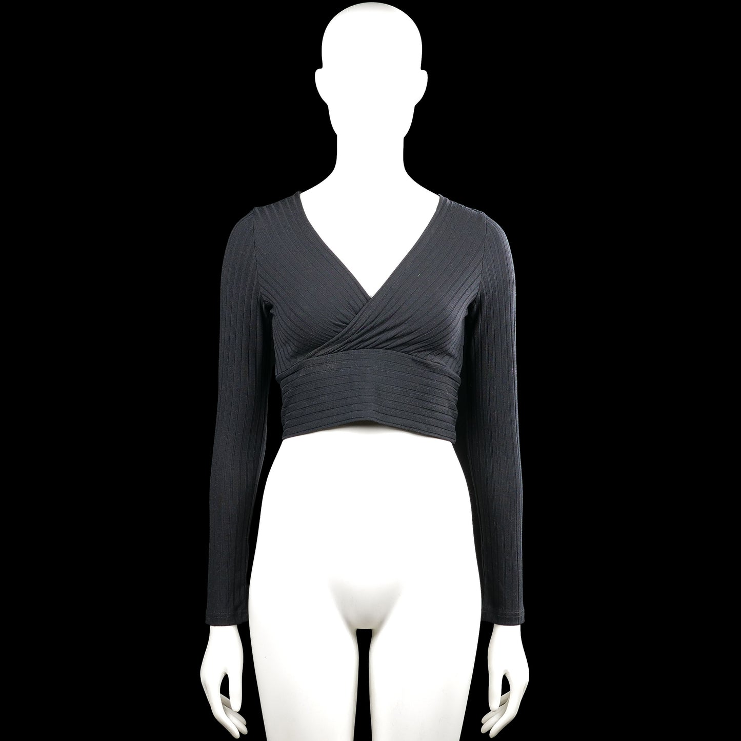 Shein - Long-sleeve top - Charcoal - Size S - Charcoal solid ribbed wrap-style cropped top with a V-neckline and long sleeves. Straight hem and plain cuffs.