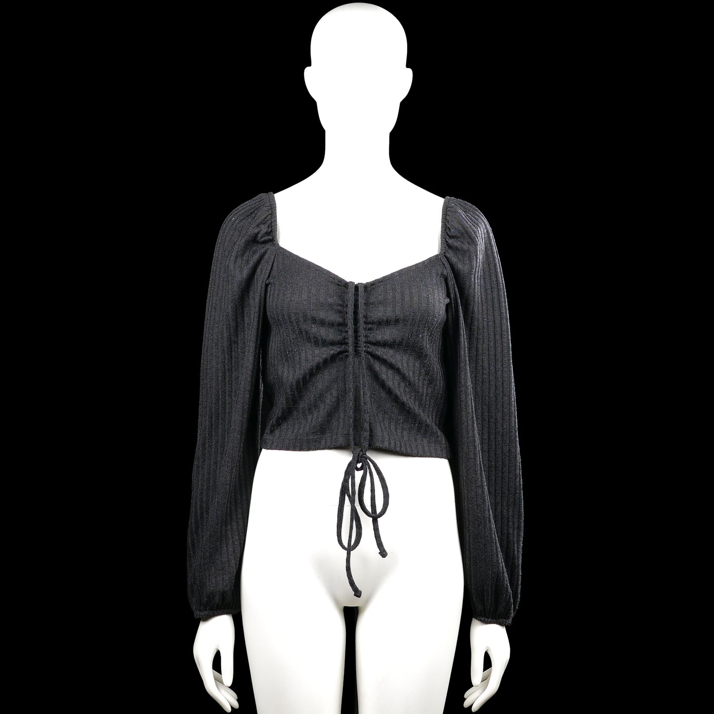 Gina Tricot - Long-sleeve top - Charcoal - Size M - Charcoal solid long-sleeve top with a squared neckline and ruched center front with a drawstring tie at the hem. Straight hem and elastic cuffs.
