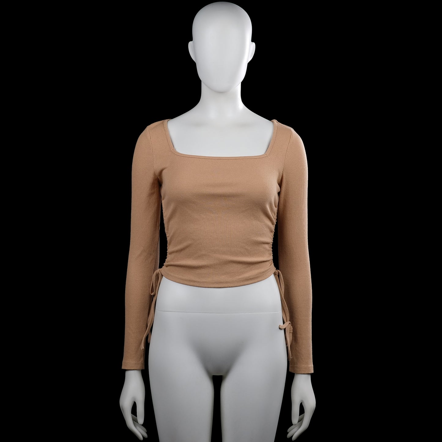 Shein - Long-sleeve top - Camel - Size S - Camel solid long-sleeve top with a squared neckline and straight hem. Features side ruching with tie details and plain cuffs.