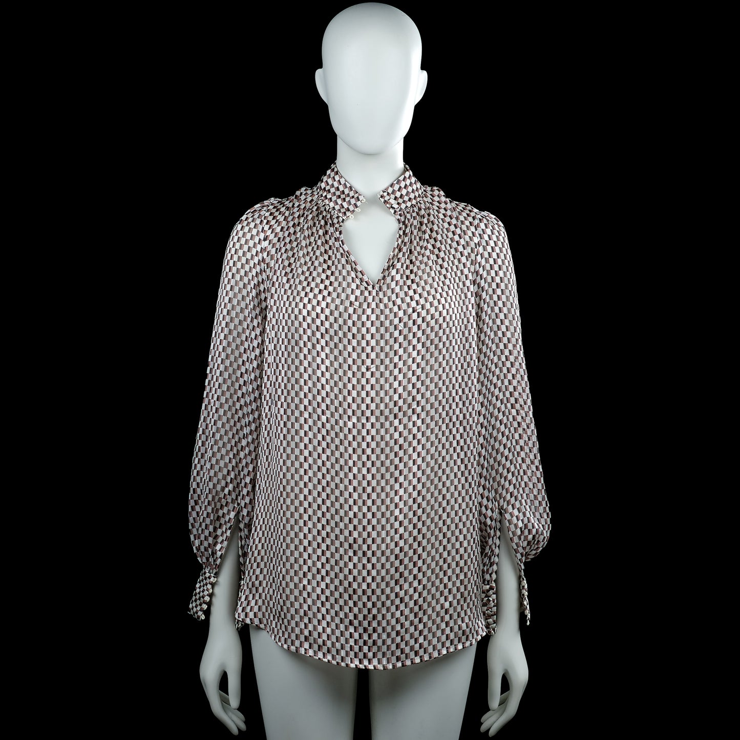 H&M - Blouse - Brown & White - Size S - Brown and white checked blouse with a classic collar and a V-shaped opening at the front. Long sleeves with button cuffs and a curved hem.
