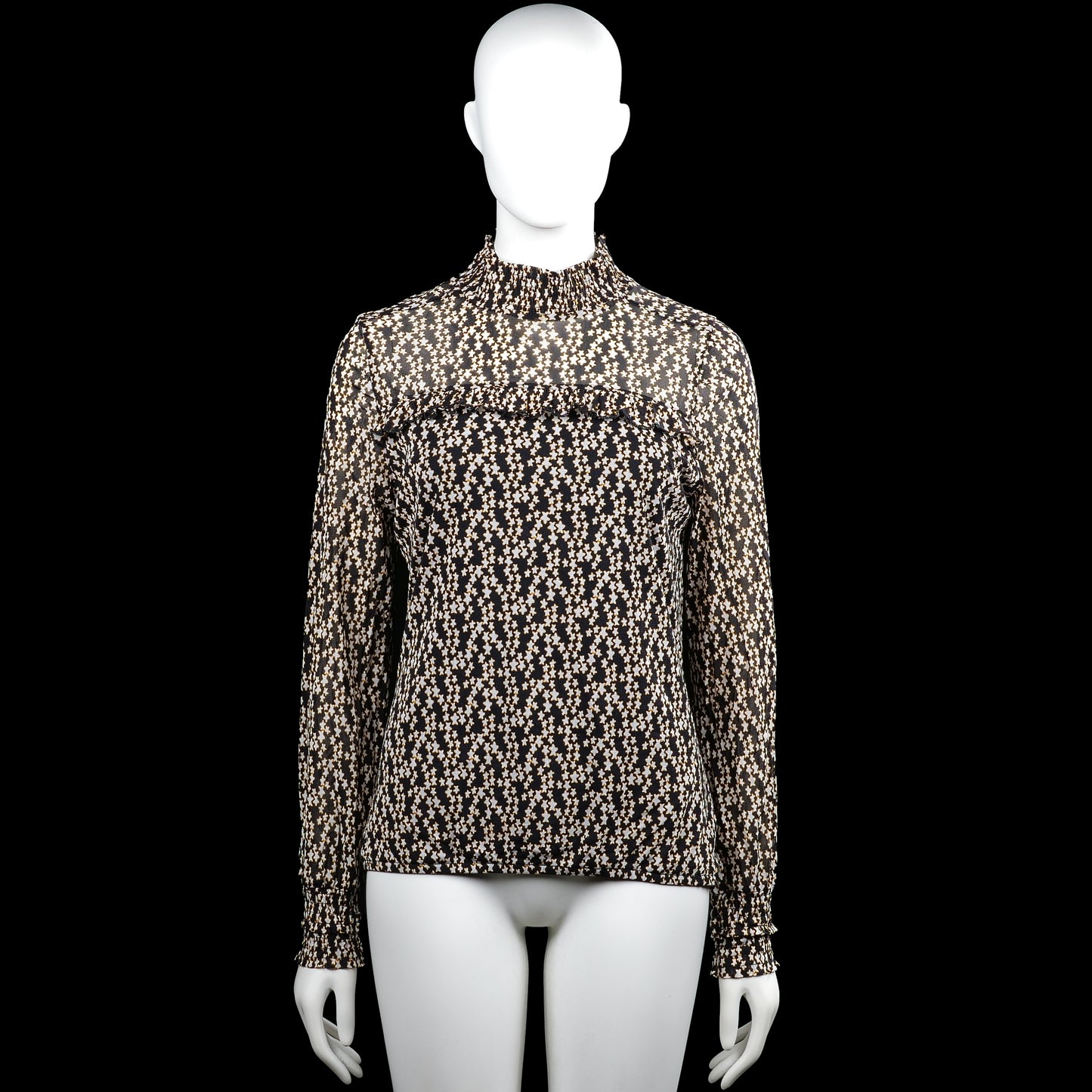 Summum woman - Long-sleeve top - Black & White - Size M - Black and white long-sleeve top with an all-over print and a high smocked neckline. Features a ruffle detail across the chest, ribbed cuffs, a straight hem, and a back keyhole opening with a button closure.