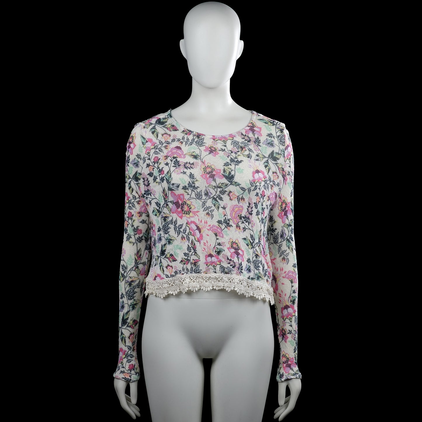 H&M Divided - Long-sleeve top - Ivory & Pink - Size S - Ivory and pink floral long-sleeve top with a round neckline. Straight hem with a lace trim band and plain cuffs.