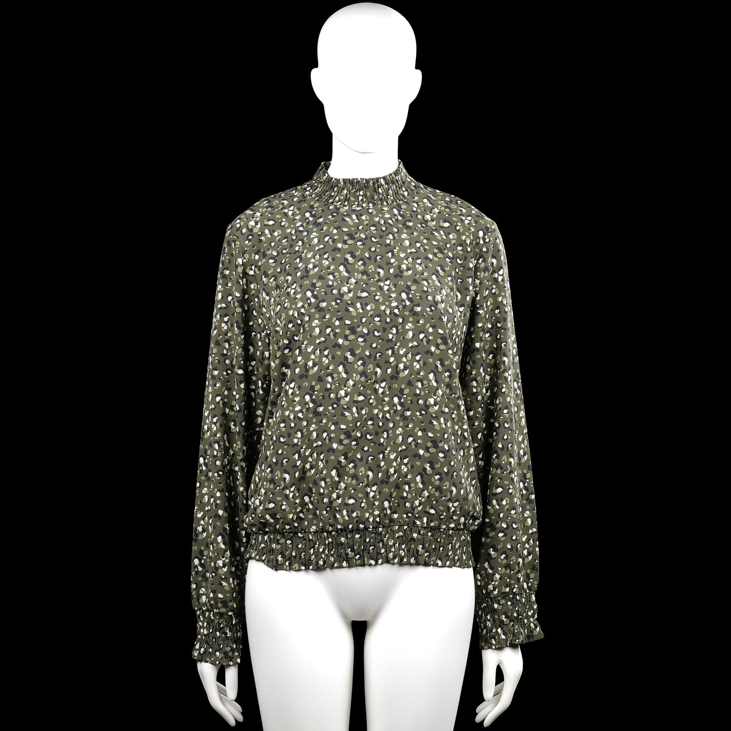 Pigalle - Blouse - Olive & White - Size 40 - Olive and white dotted top with a high neck and long sleeves. Features elastic cuffs and an elastic hem, with a back keyhole and button closure.