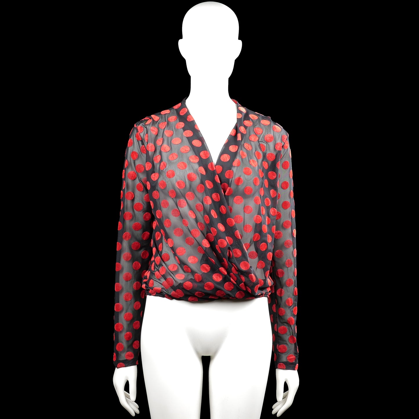 Zara trafaluc - Blouse - Gray & Red - Size S - Gray top with a red polka dot pattern and a V-neck wrap front. Long sleeves with plain cuffs and an elastic hem.