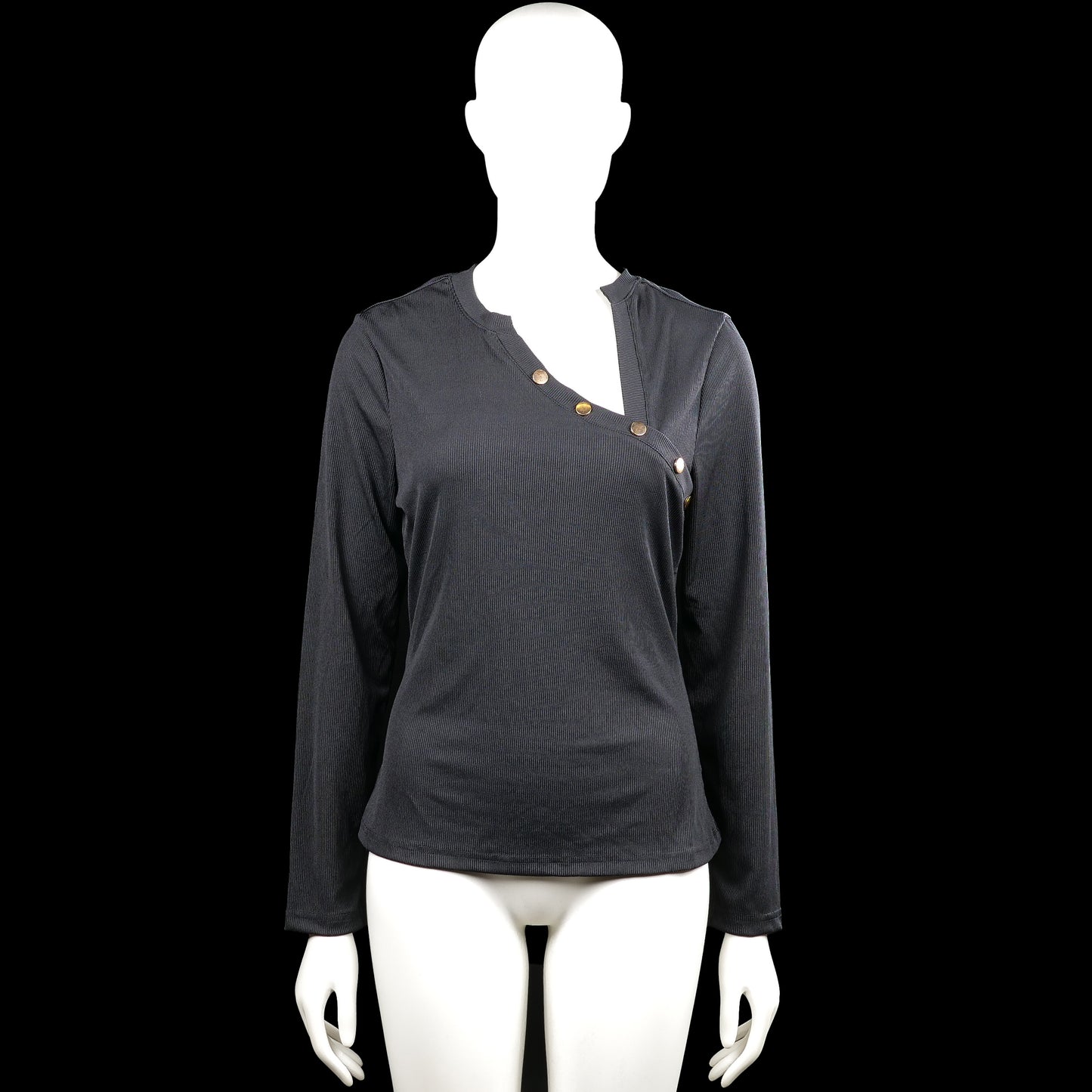 Chicme - Long-sleeve top - Charcoal - Size L - (NEW) - Charcoal solid long-sleeve top with an asymmetrical neckline and decorative buttons across the front. Straight hem and plain cuffs.