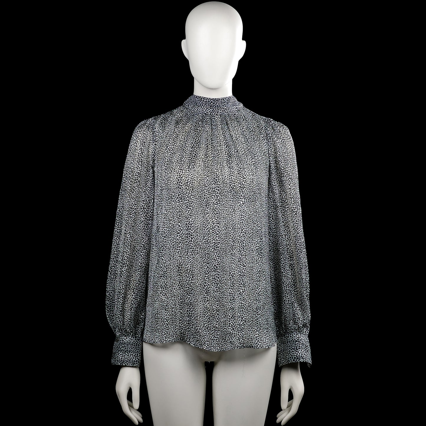 H&M - Blouse - Black & White - Size S - Black and white printed blouse with a high neckline and long sleeves. Features plain cuffs, a partial front opening at the neck, and a curved hem.
