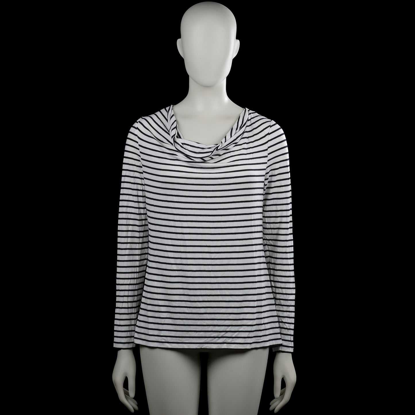Taifun - Long-sleeve top - White & Black - Size M - White top with black horizontal stripes and a draped cowl neckline. Long sleeves with plain cuffs and a straight hem.
