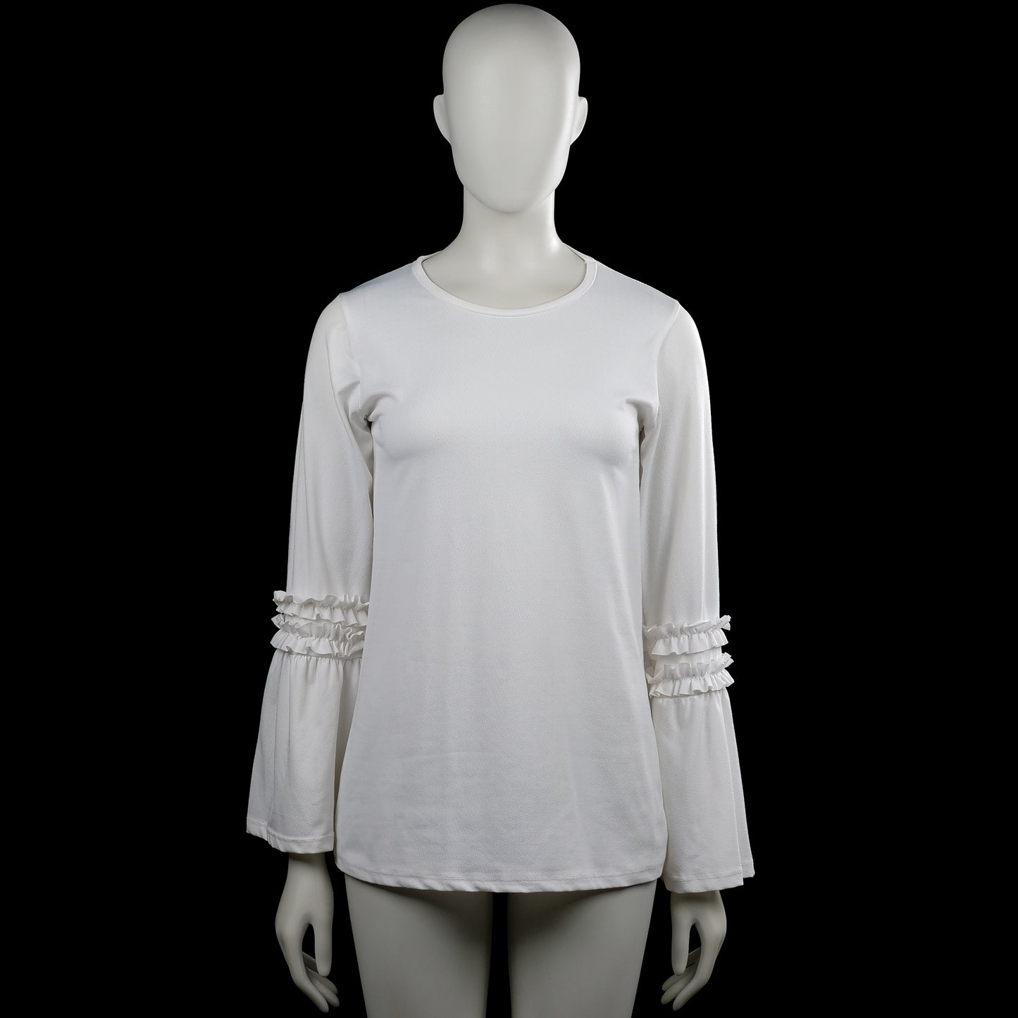 Tunic - White - Size M - White solid top with a round neckline and long sleeves featuring ruffle bands near the cuffs. Straight hem with no visible closures.